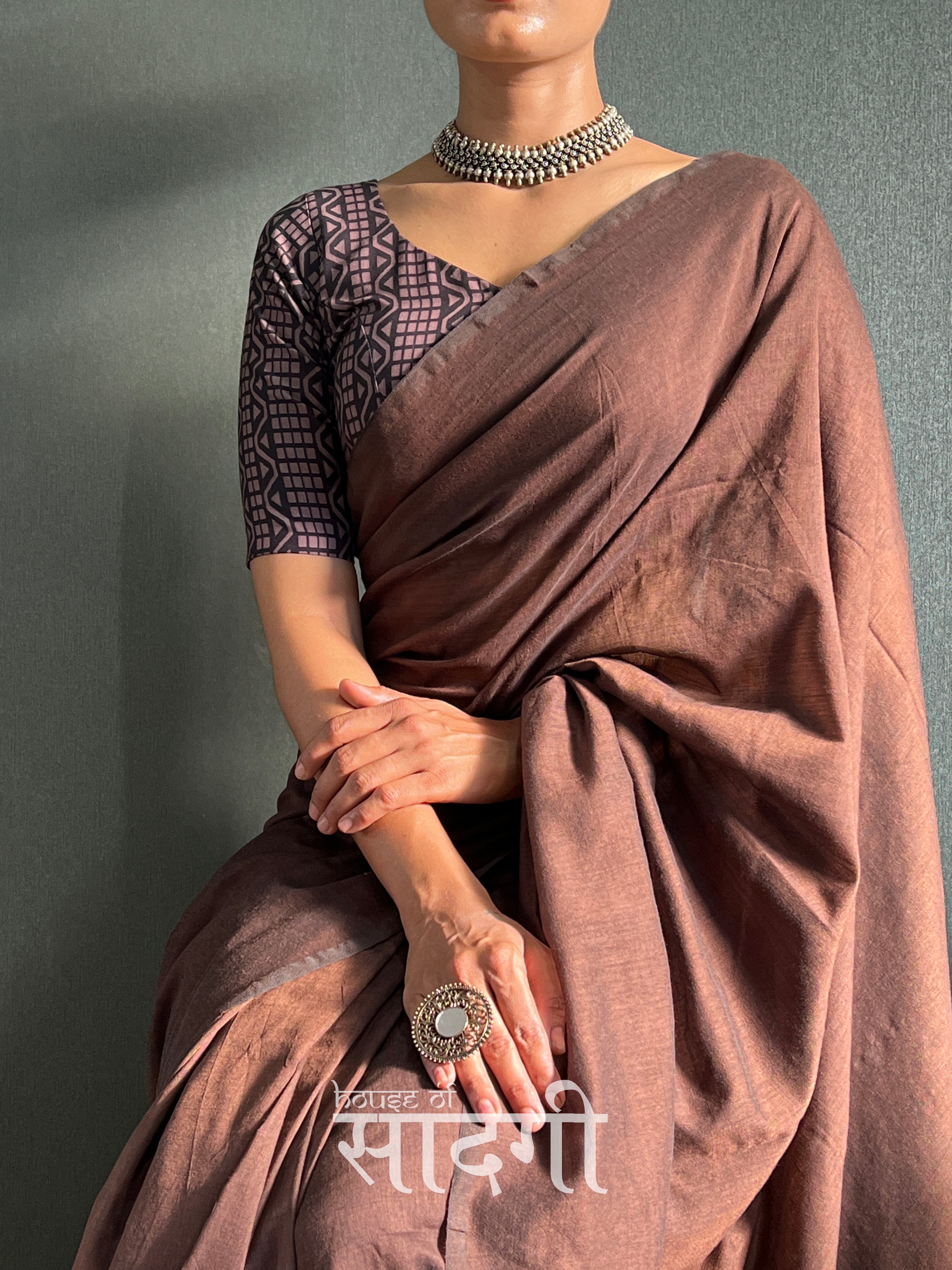 Brown Handloom  Cotton Saree With Black Printed Blouse