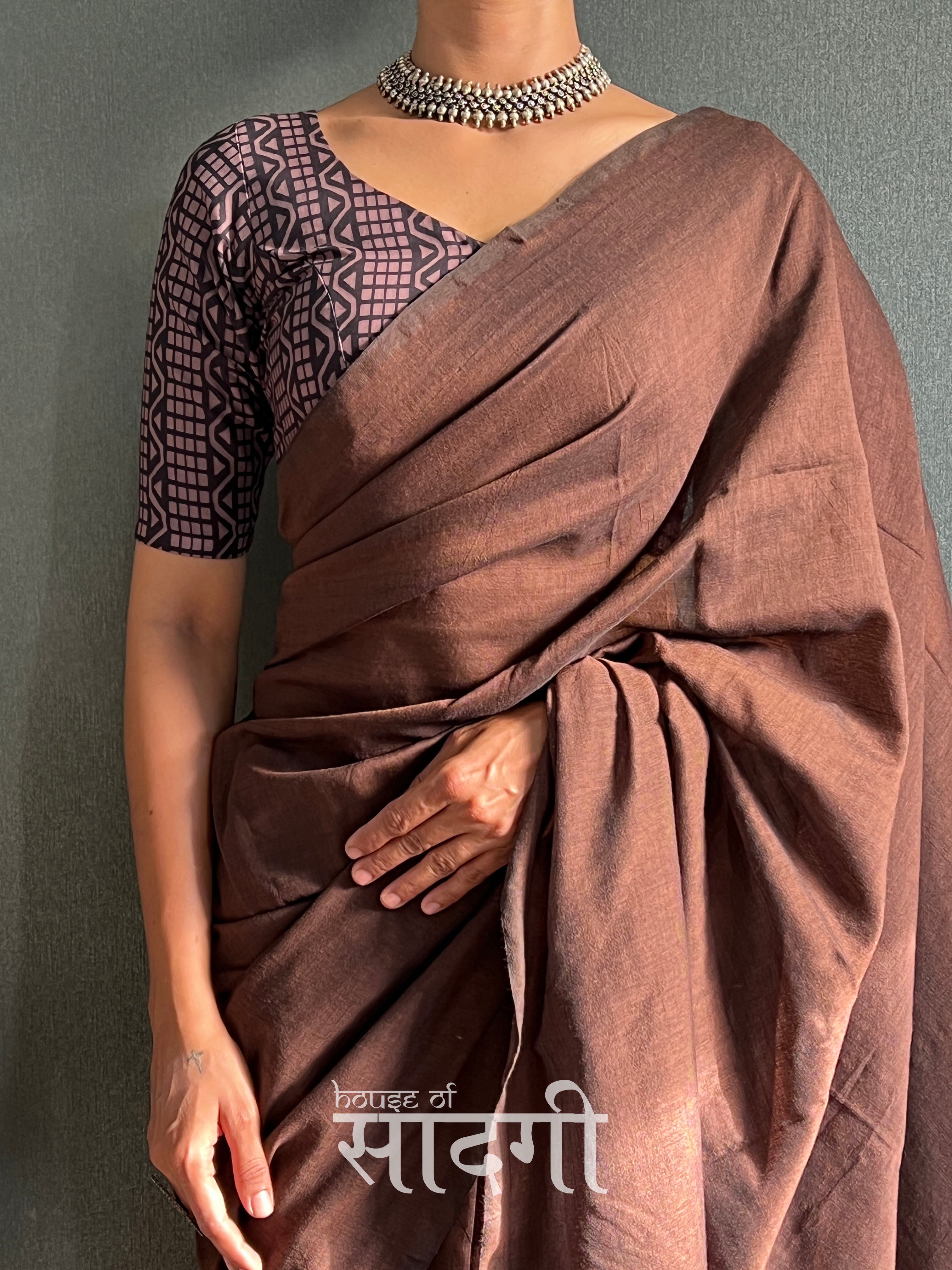 Brown Handloom  Cotton Saree With Black Printed Blouse