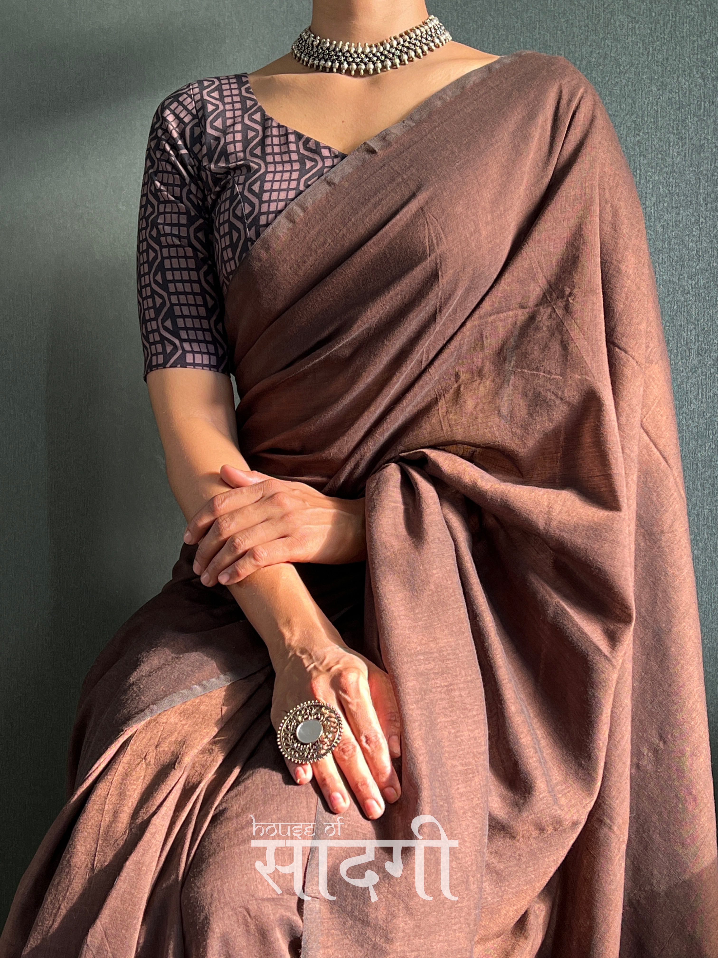 Brown Handloom  Cotton Saree With Black Printed Blouse