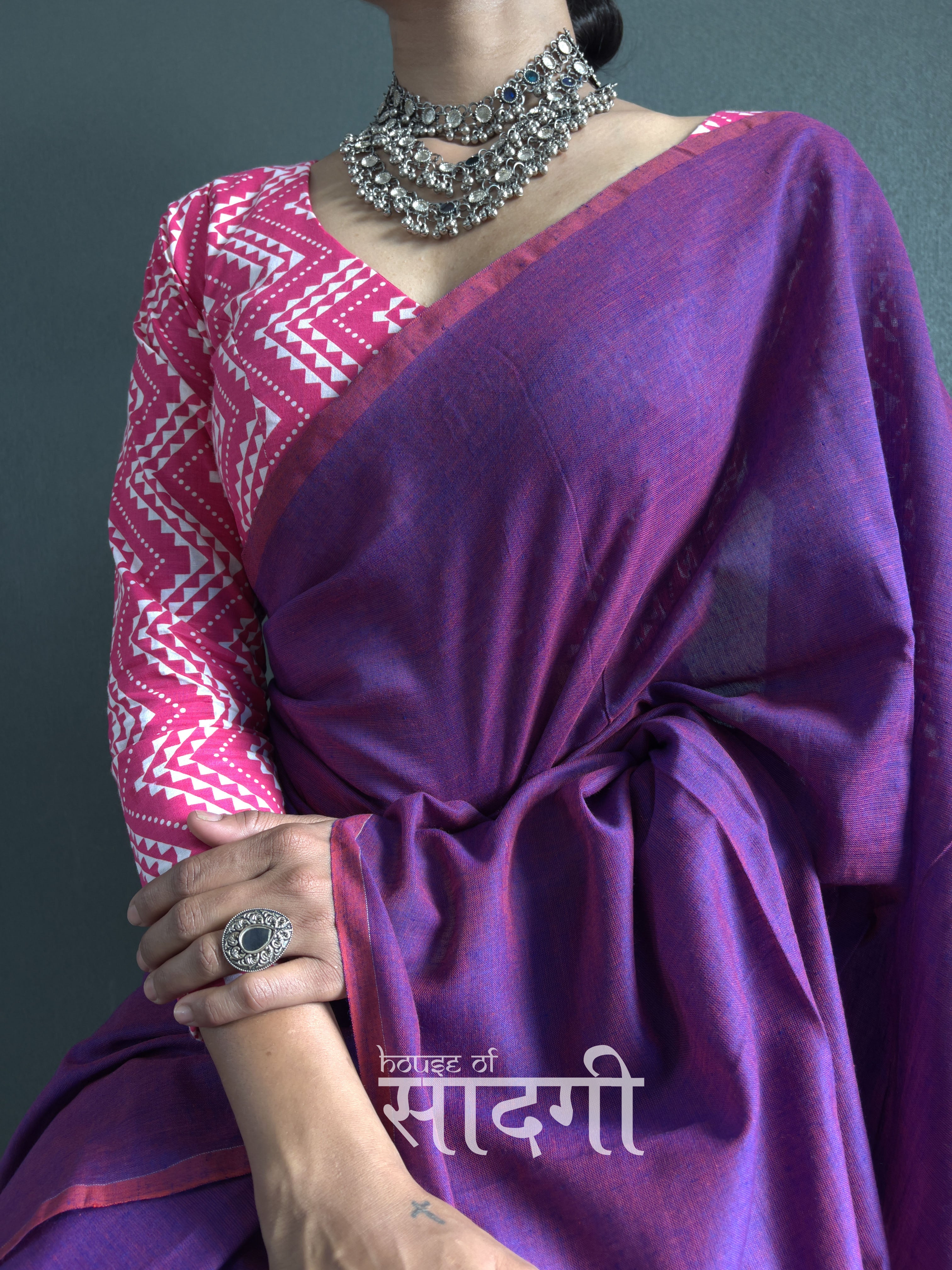 Purple Dual Tone Handloom  Cotton Saree With Pink Zig Zag Printed Blouse