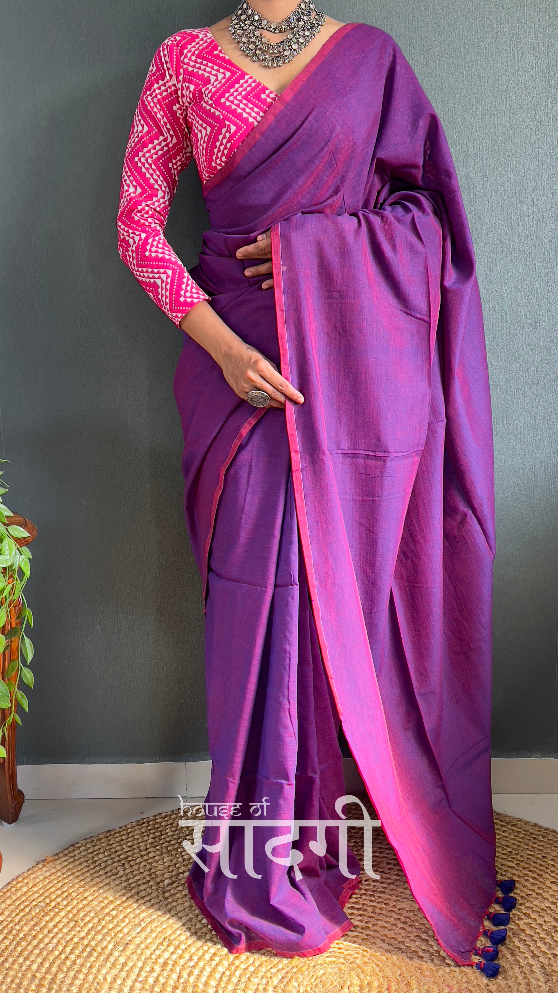 Purple Dual Tone Handloom  Cotton Saree With Pink Zig Zag Printed Blouse