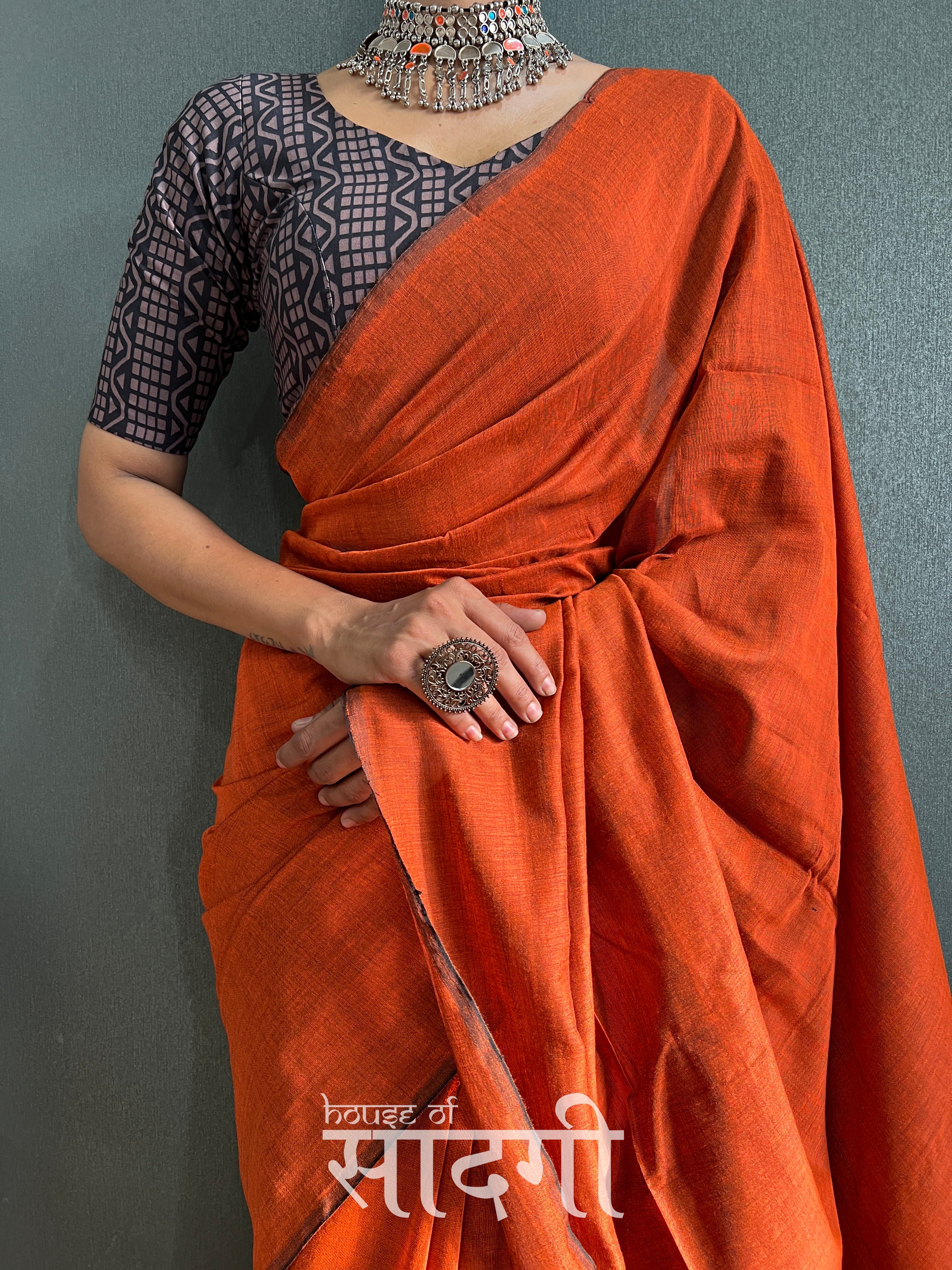 Orange Handloom Cotton Saree With Black Printed Blouse