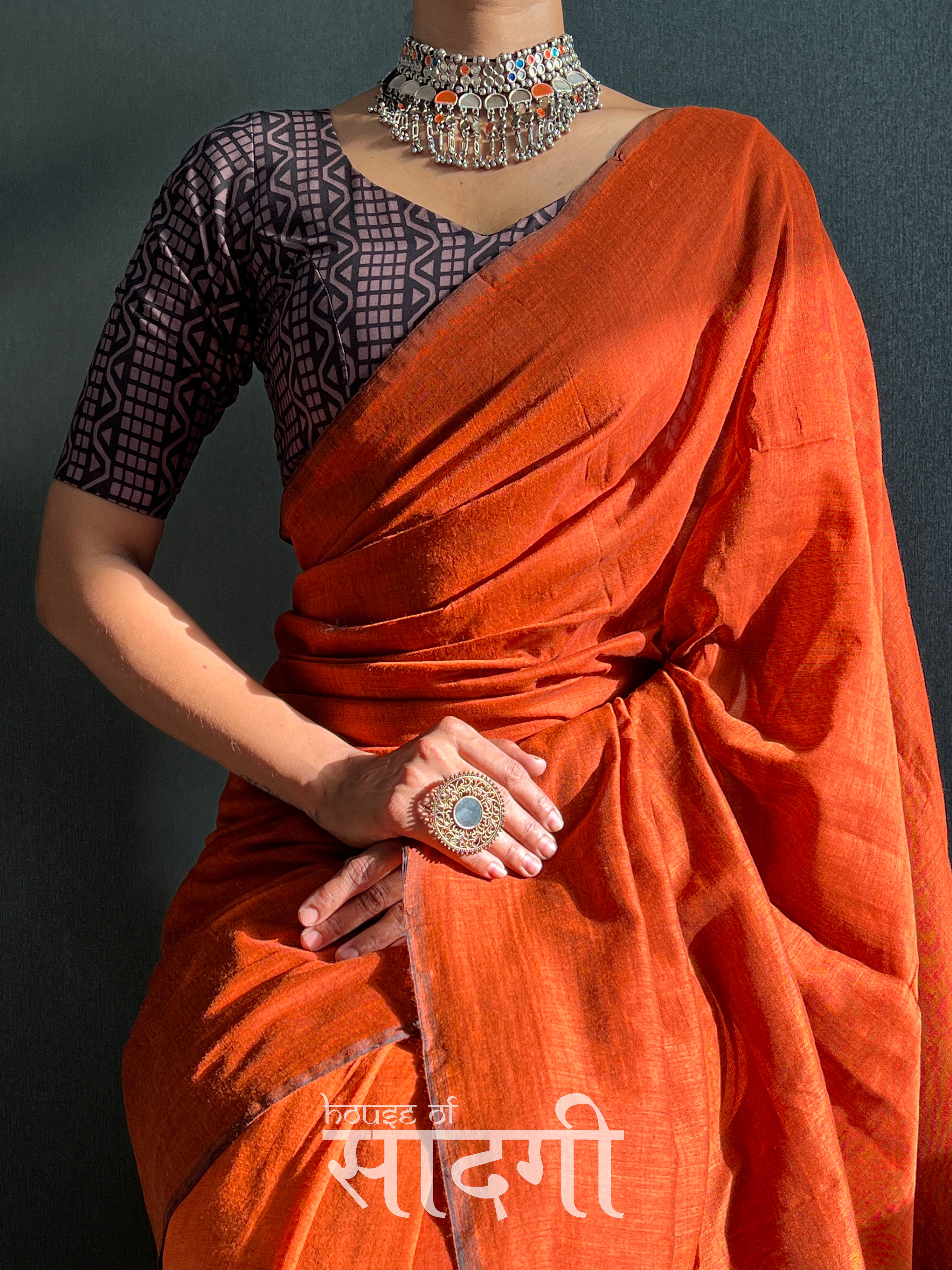 Orange Handloom Cotton Saree With Black Printed Blouse