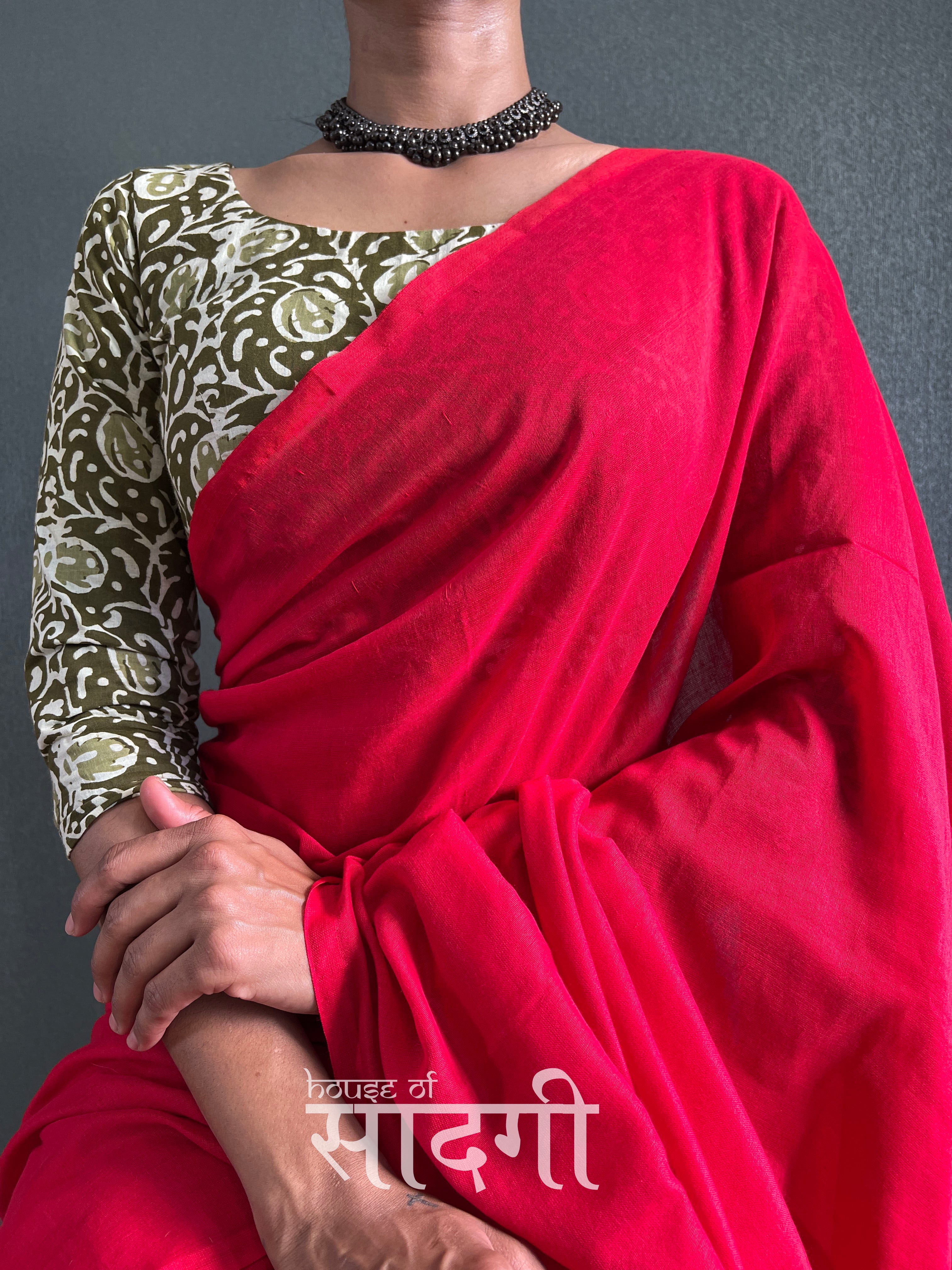 Red Handloom Cotton Saree With Geometric Printed Blouse