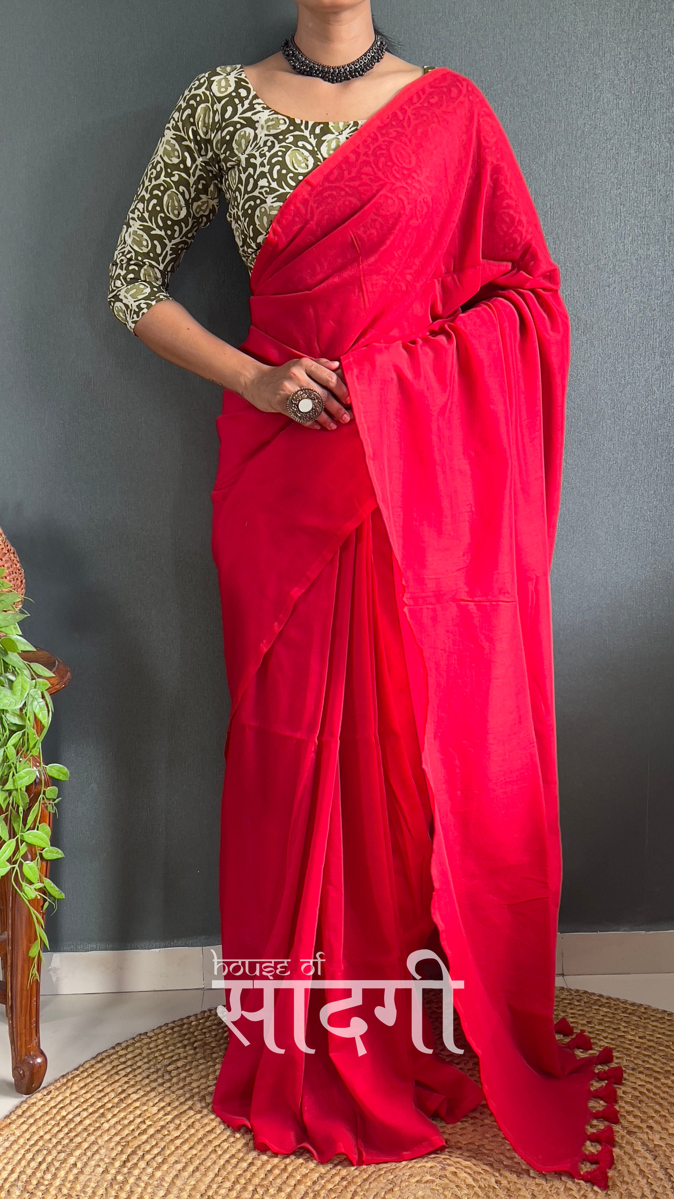 Red Handloom Cotton Saree With Geometric Printed Blouse