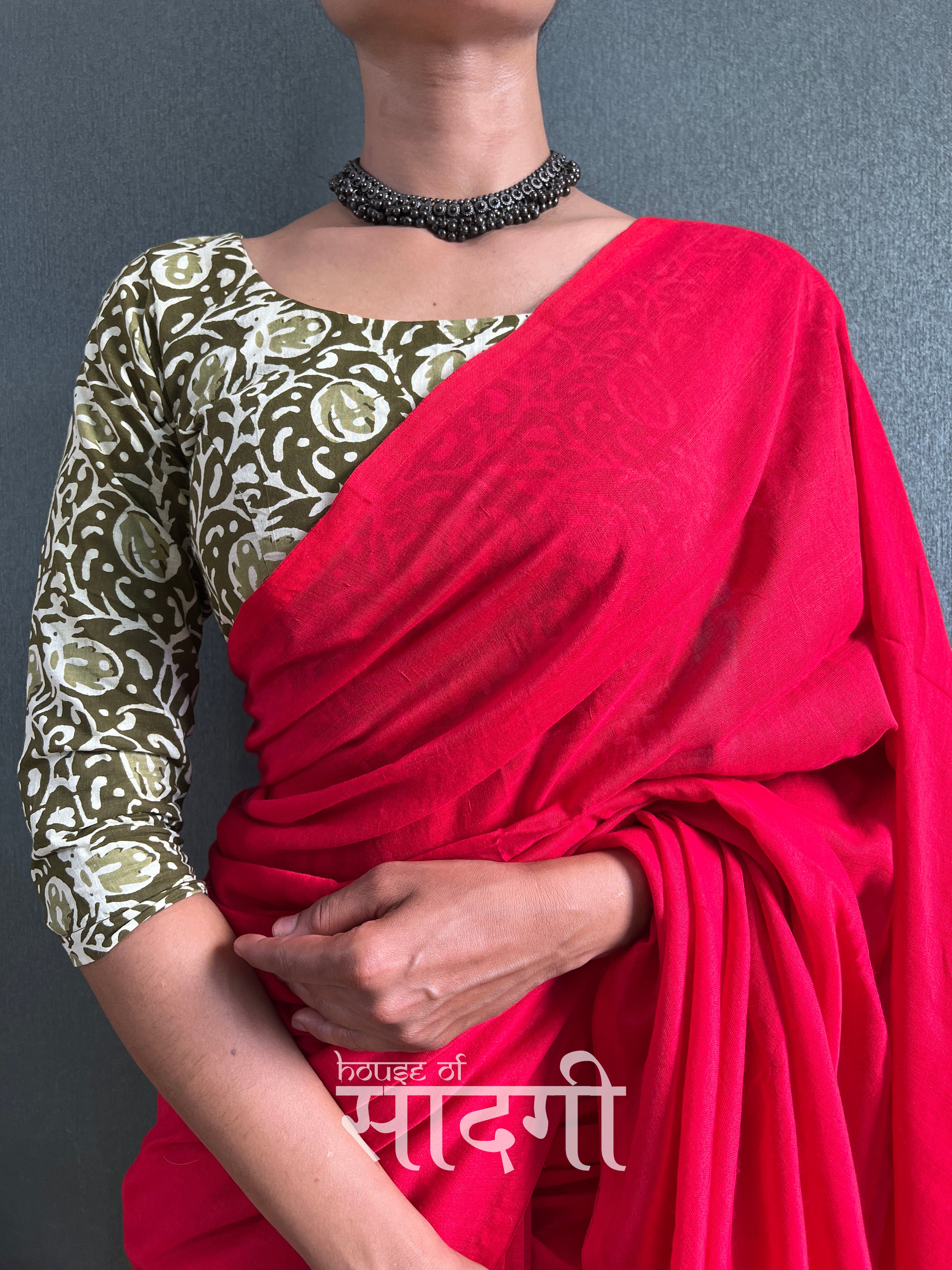 Red Handloom Cotton Saree With Geometric Printed Blouse