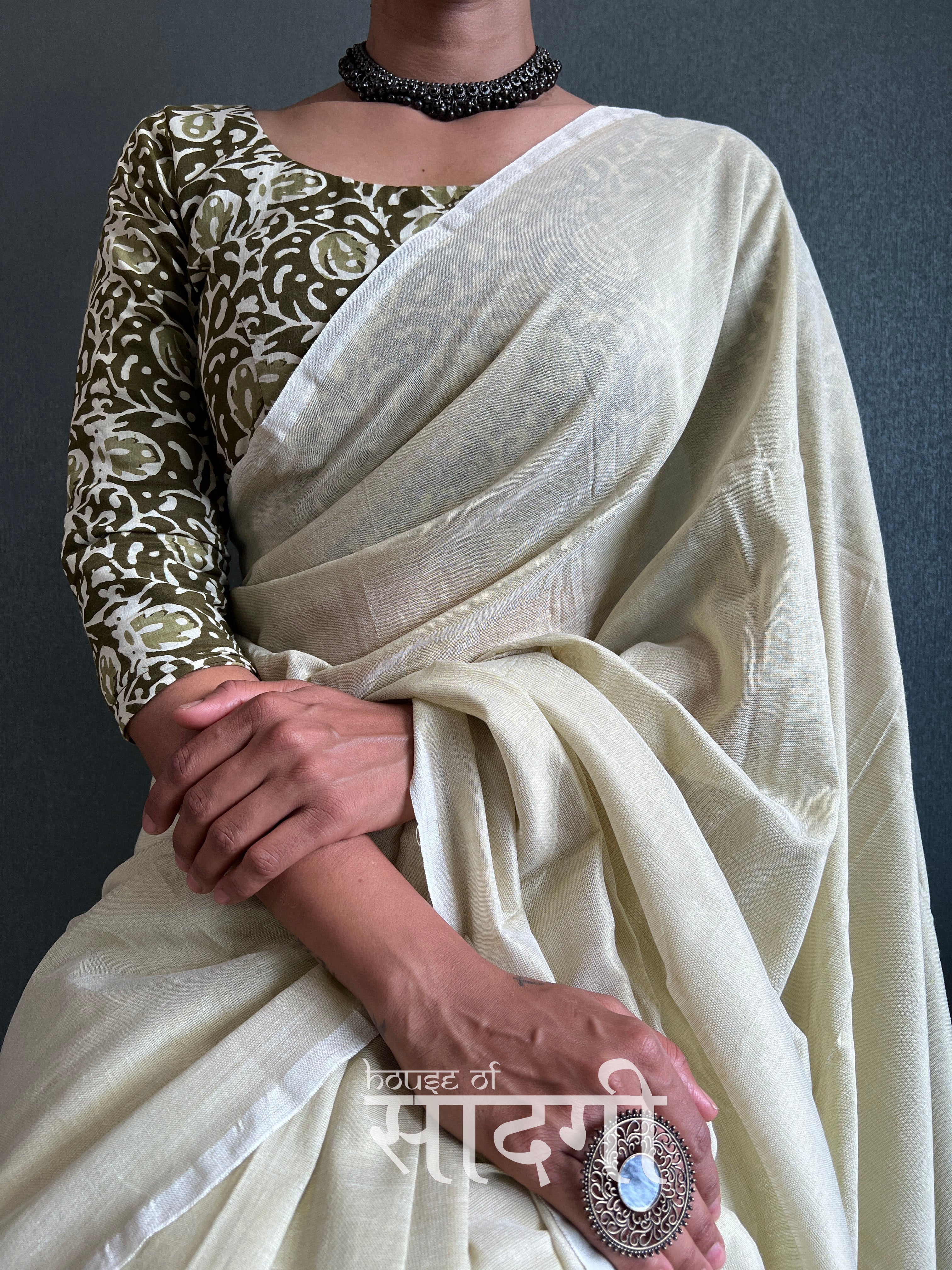 Honeydew Handloom Cotton Saree With Geometric Printed Blouse