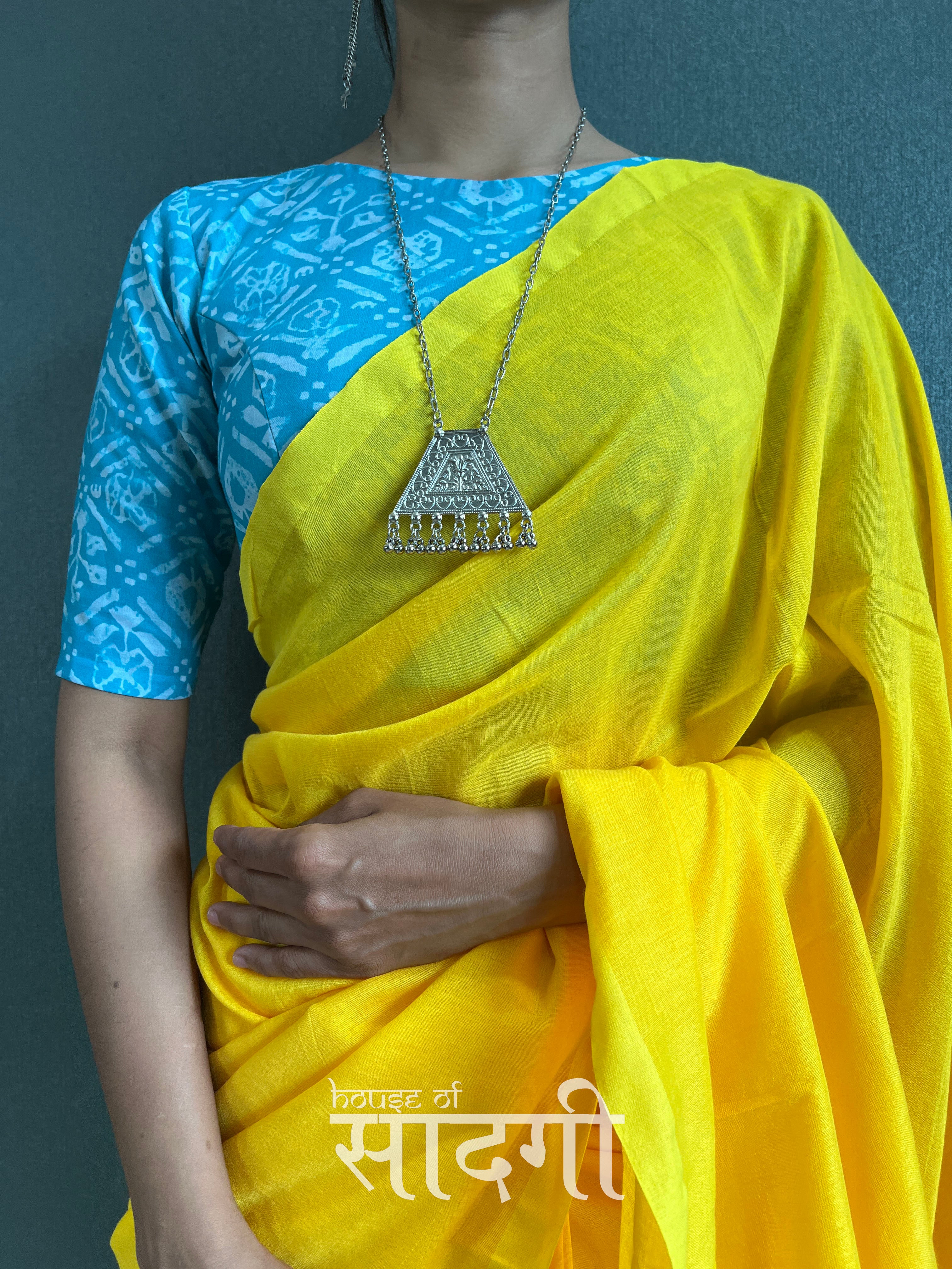 Yellow Handloom Cotton Saree With Sky Printed Blouse