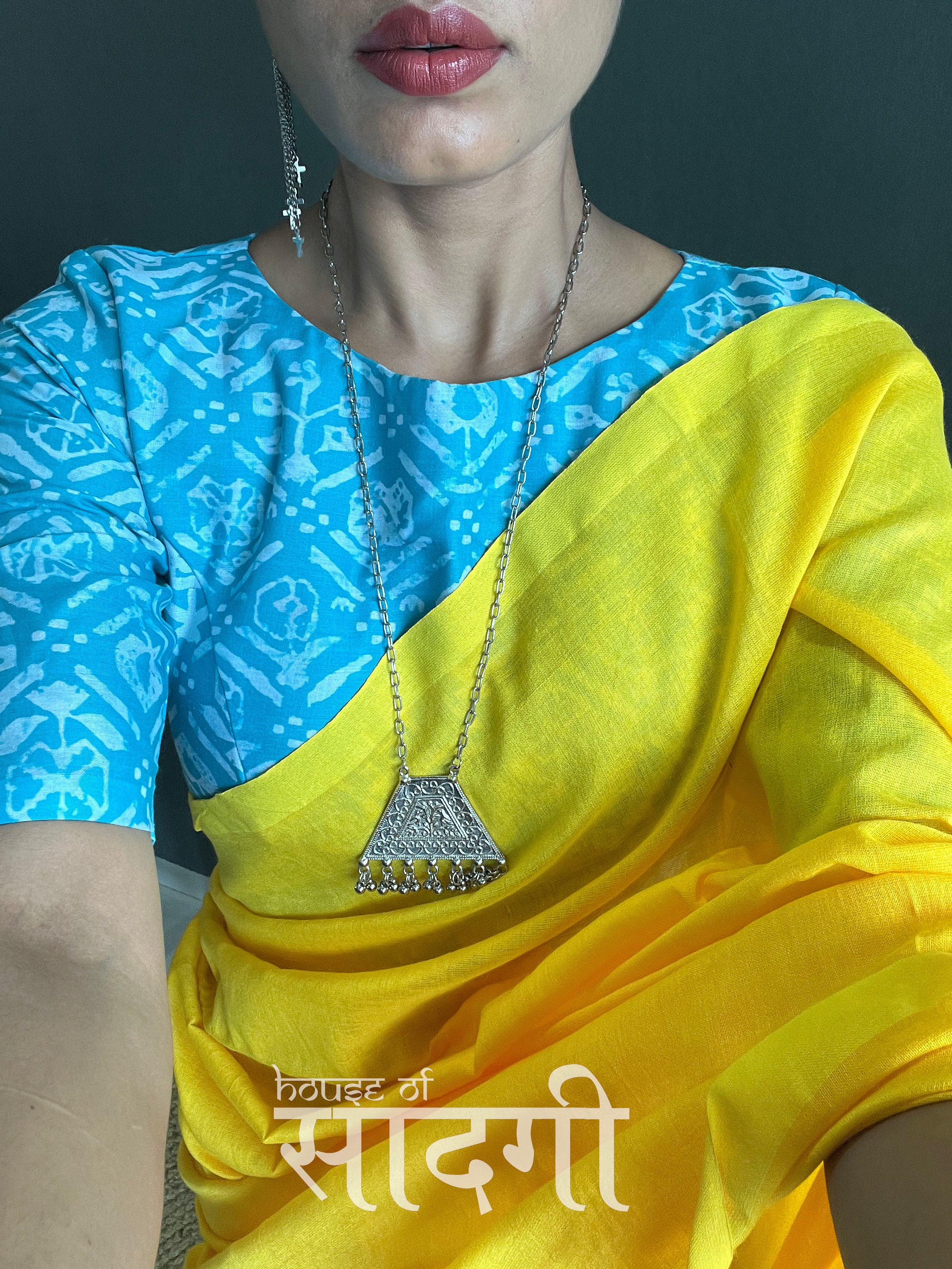 Yellow Handloom Cotton Saree With Sky Printed Blouse