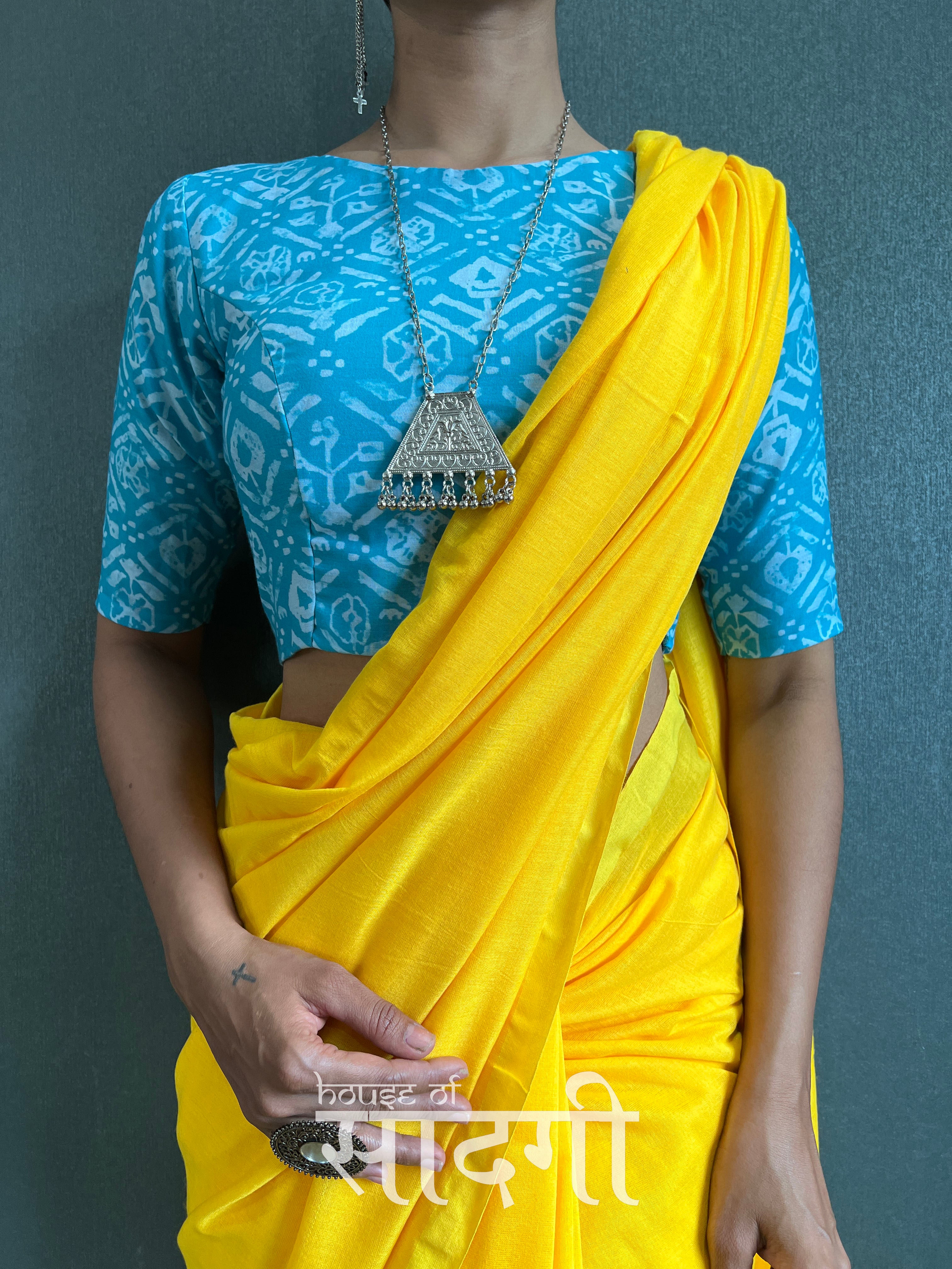 Yellow Handloom Cotton Saree With Sky Printed Blouse