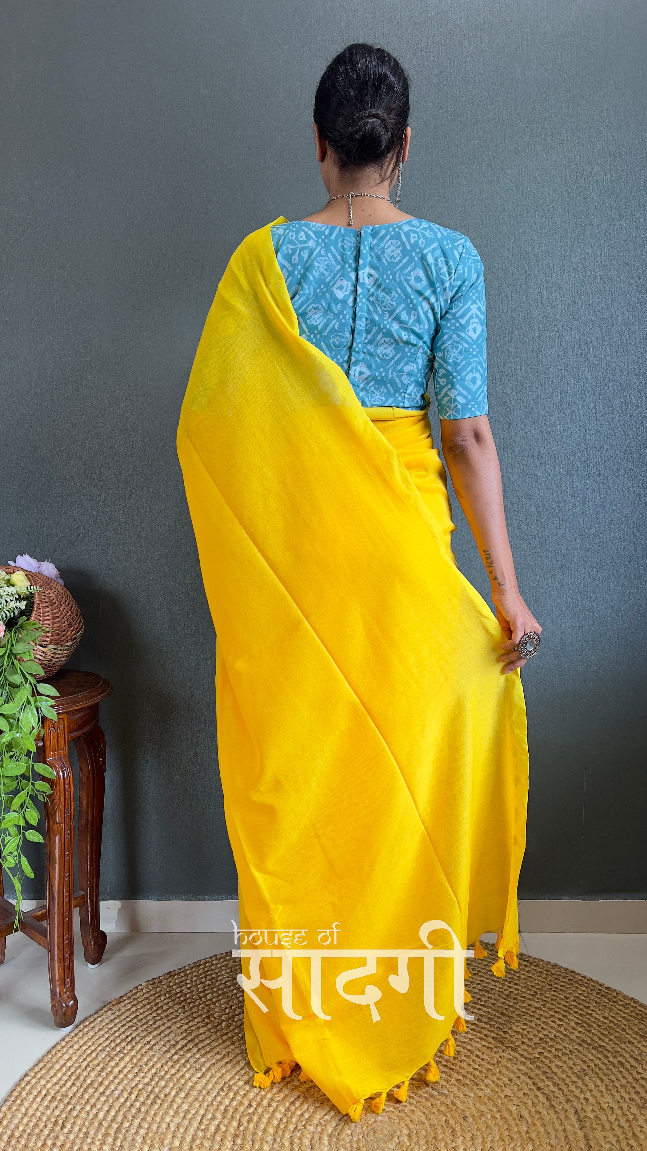 Yellow Handloom Cotton Saree With Sky Printed Blouse