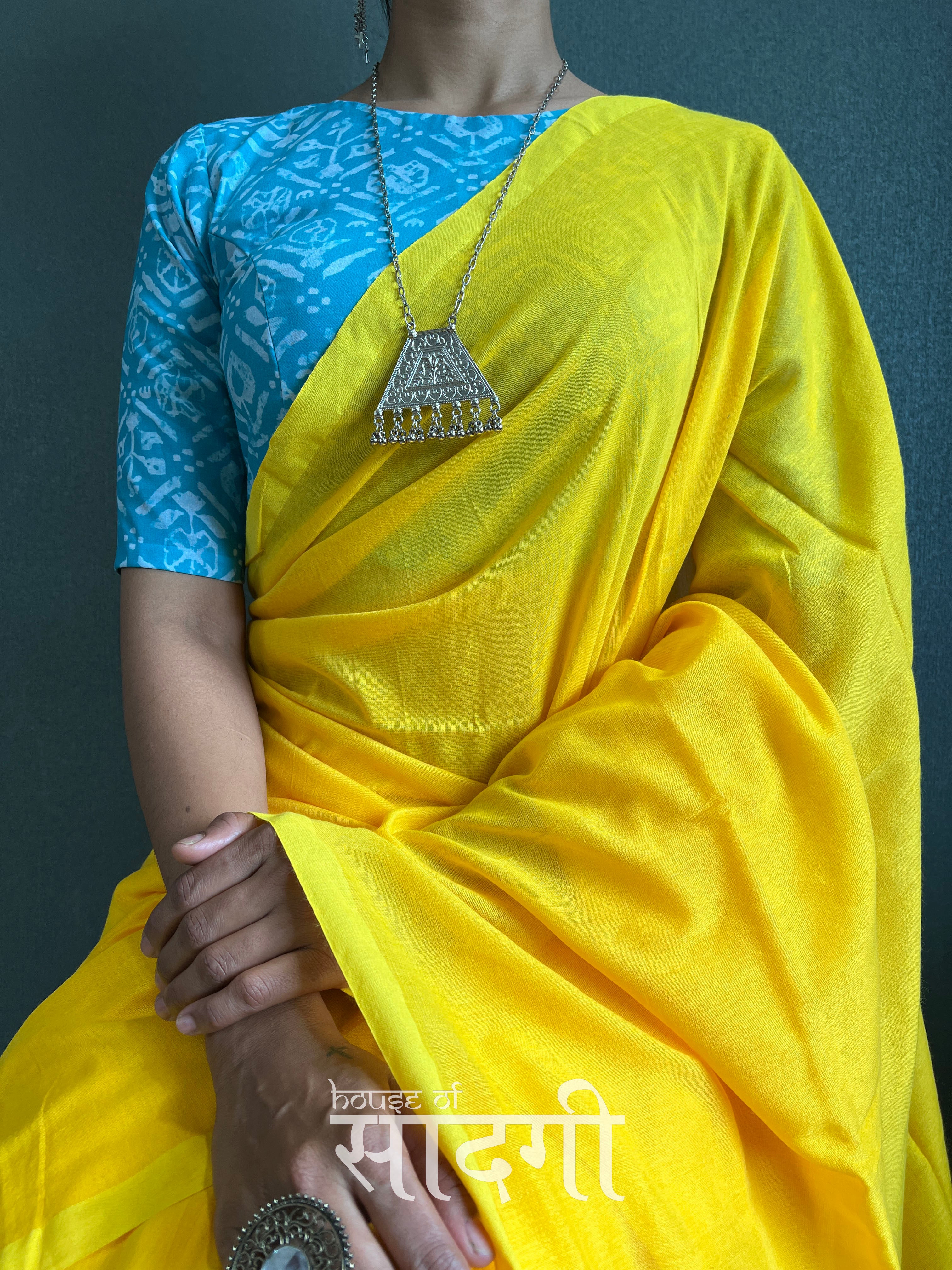 Yellow Handloom Cotton Saree With Sky Printed Blouse