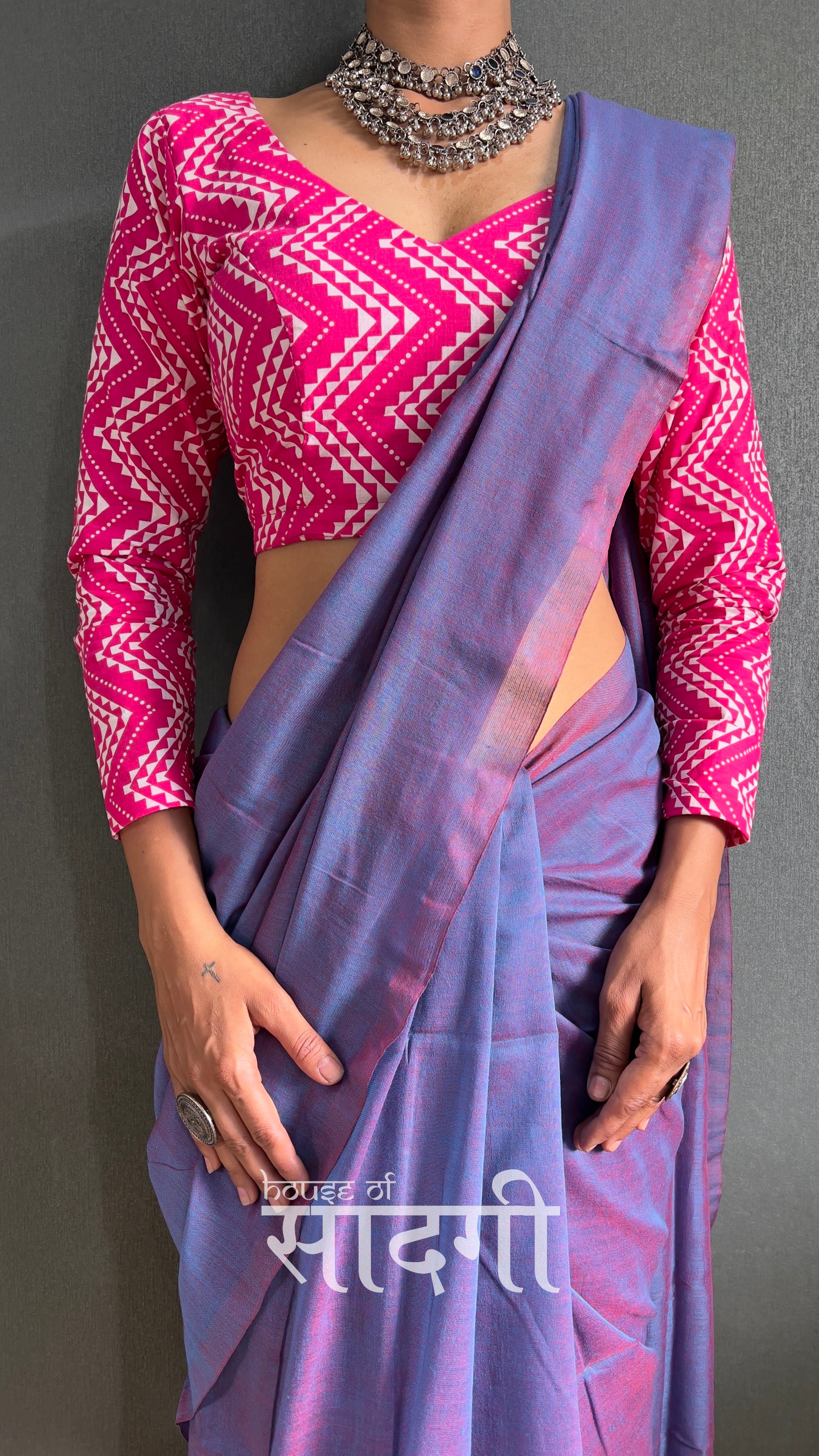 Light Blue Dual Tone Handloom Cotton Saree With Pink Printed Blouse