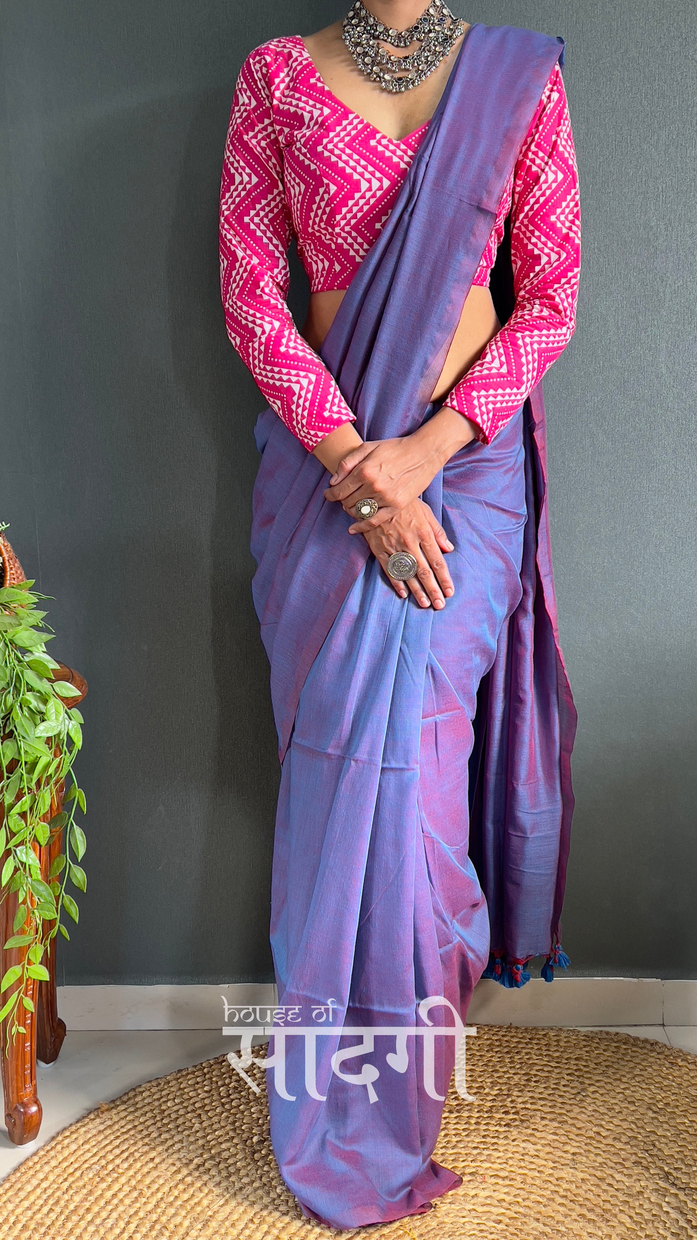 Light Blue Dual Tone Handloom Cotton Saree With Pink Printed Blouse