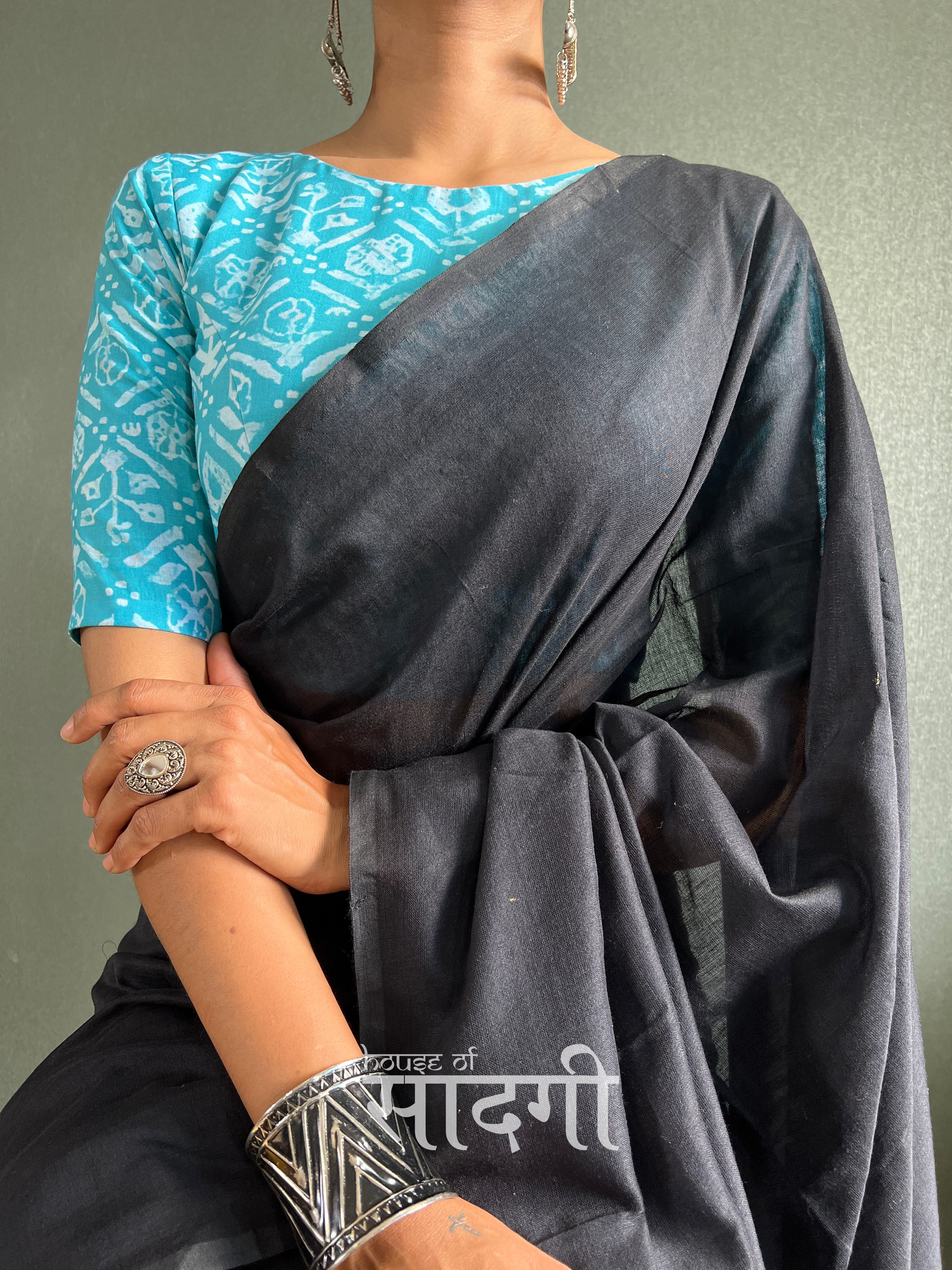 Black Handloom Cotton Saree With Sky Printed Blouse