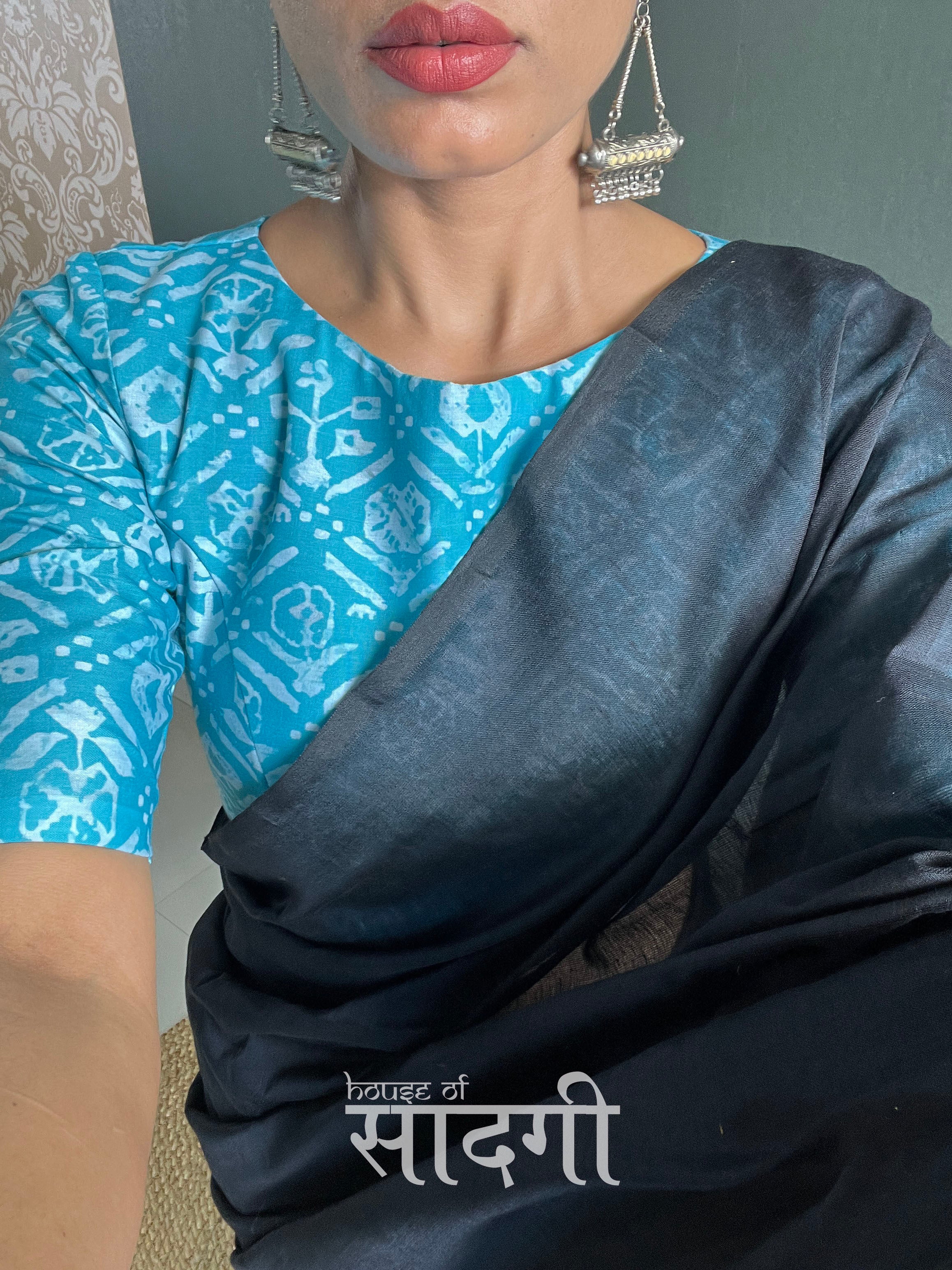 Black Handloom Cotton Saree With Sky Printed Blouse