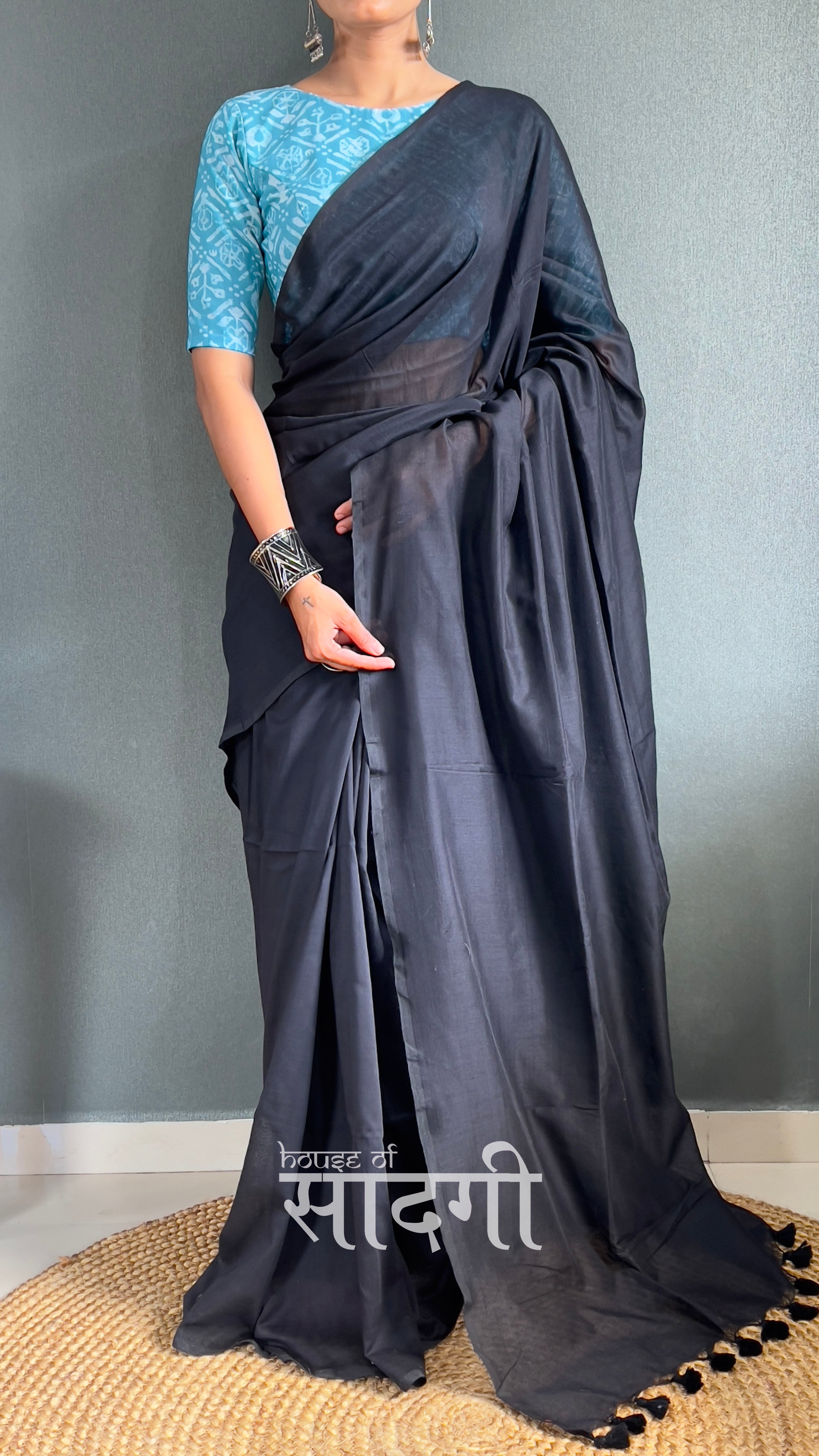 Black Handloom Cotton Saree With Sky Printed Blouse