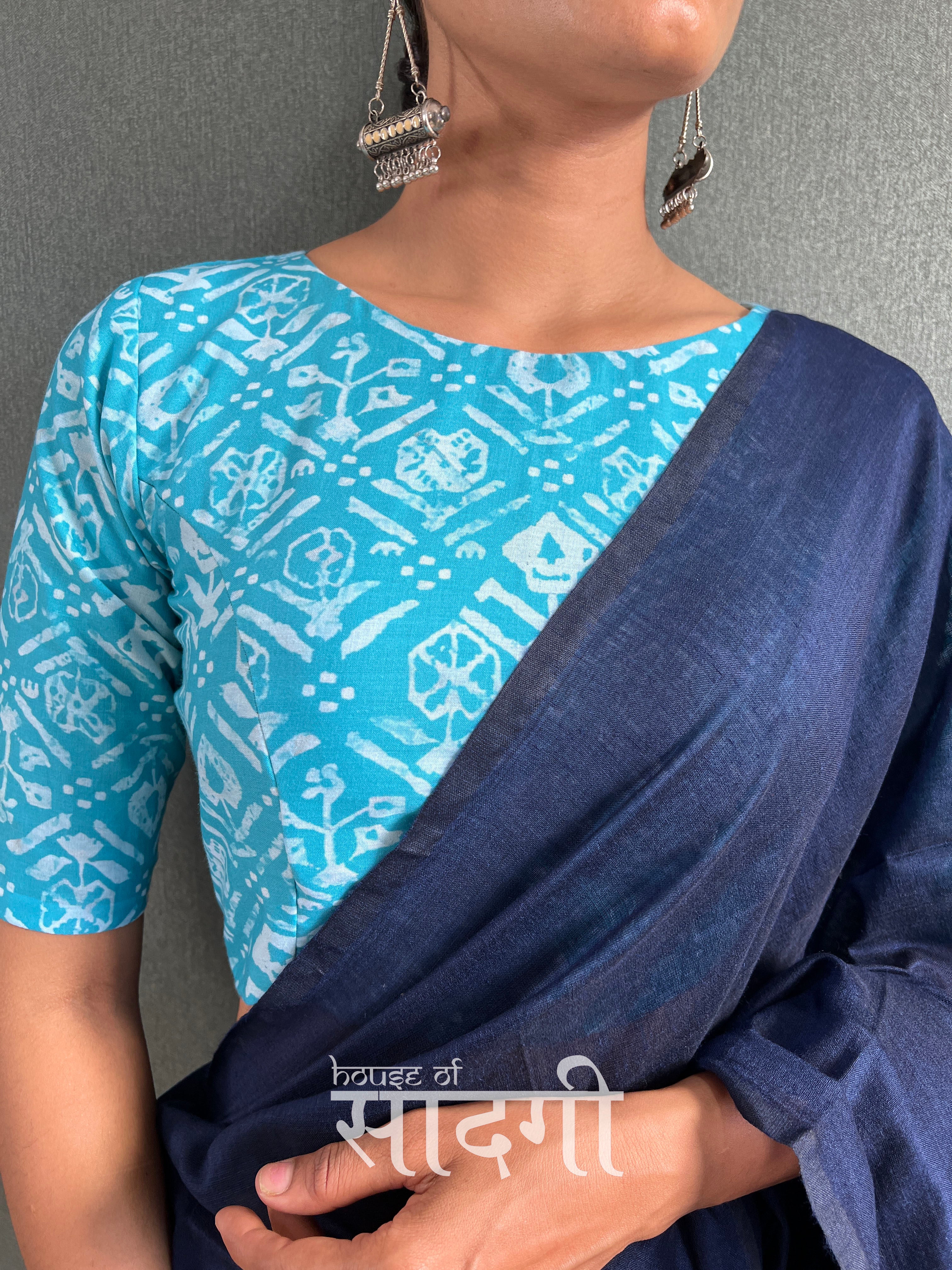 Nevy Blue Handloom Cotton Saree With Sky Printed Blouse