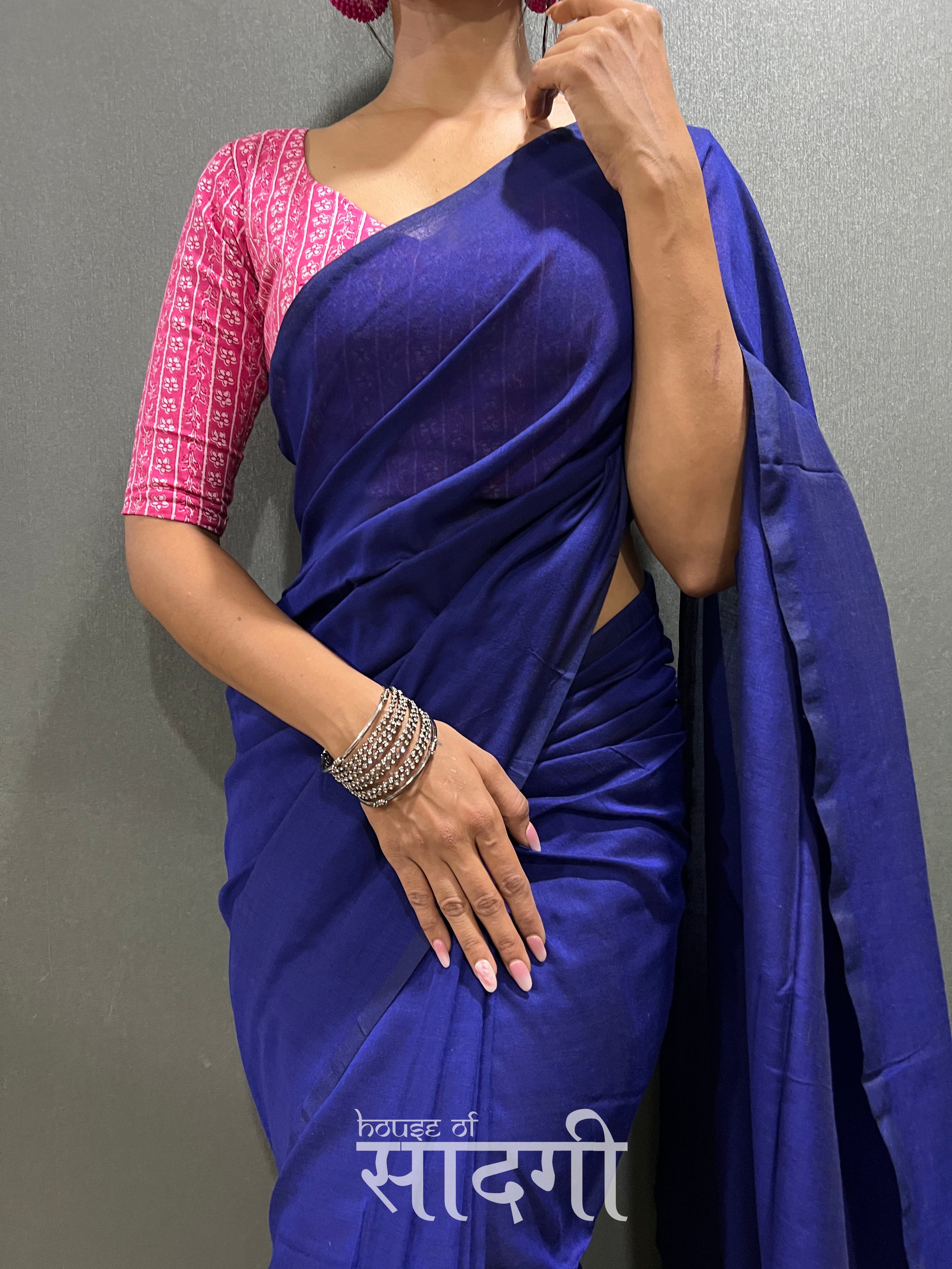 Royal Blue Handloom Cotton Saree With Pink Flower Printed Blouse