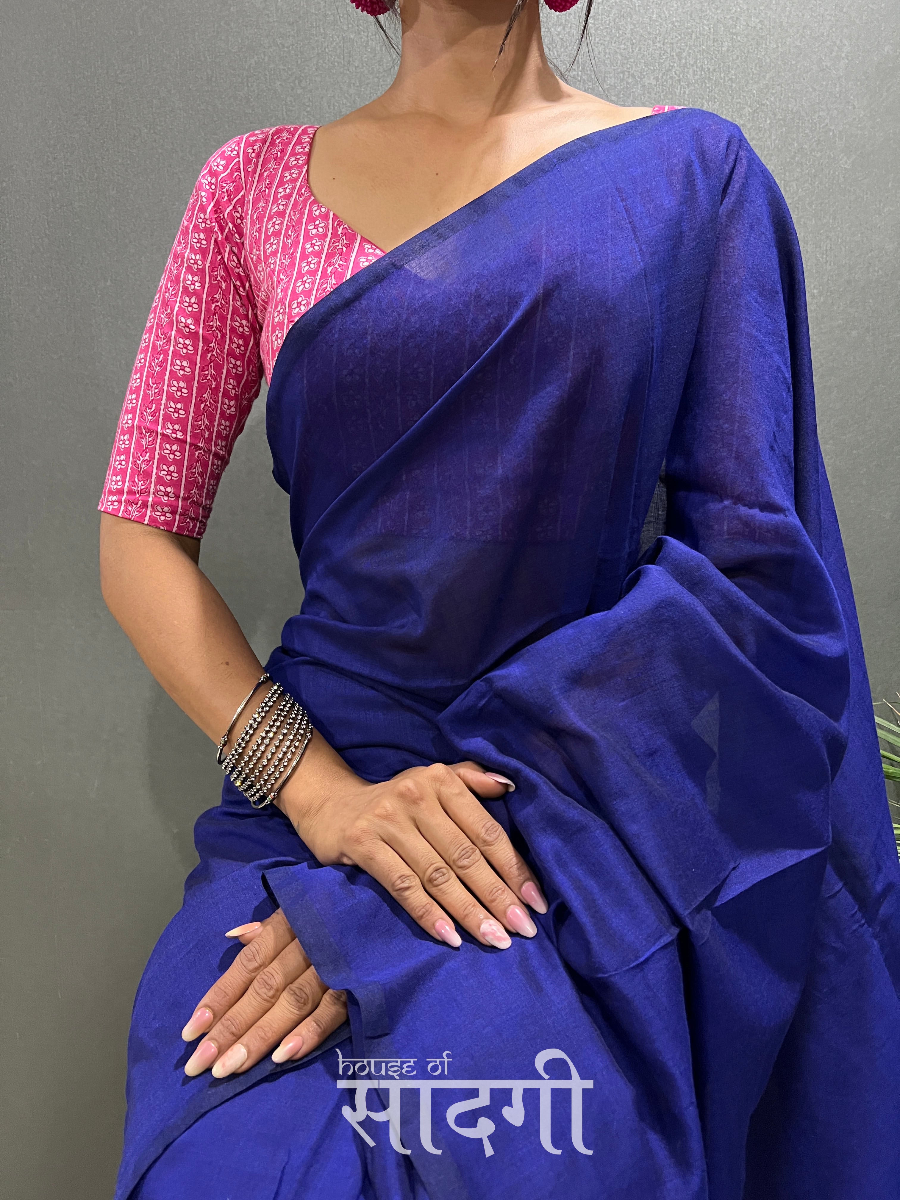 Royal Blue Handloom Cotton Saree With Pink Flower Printed Blouse