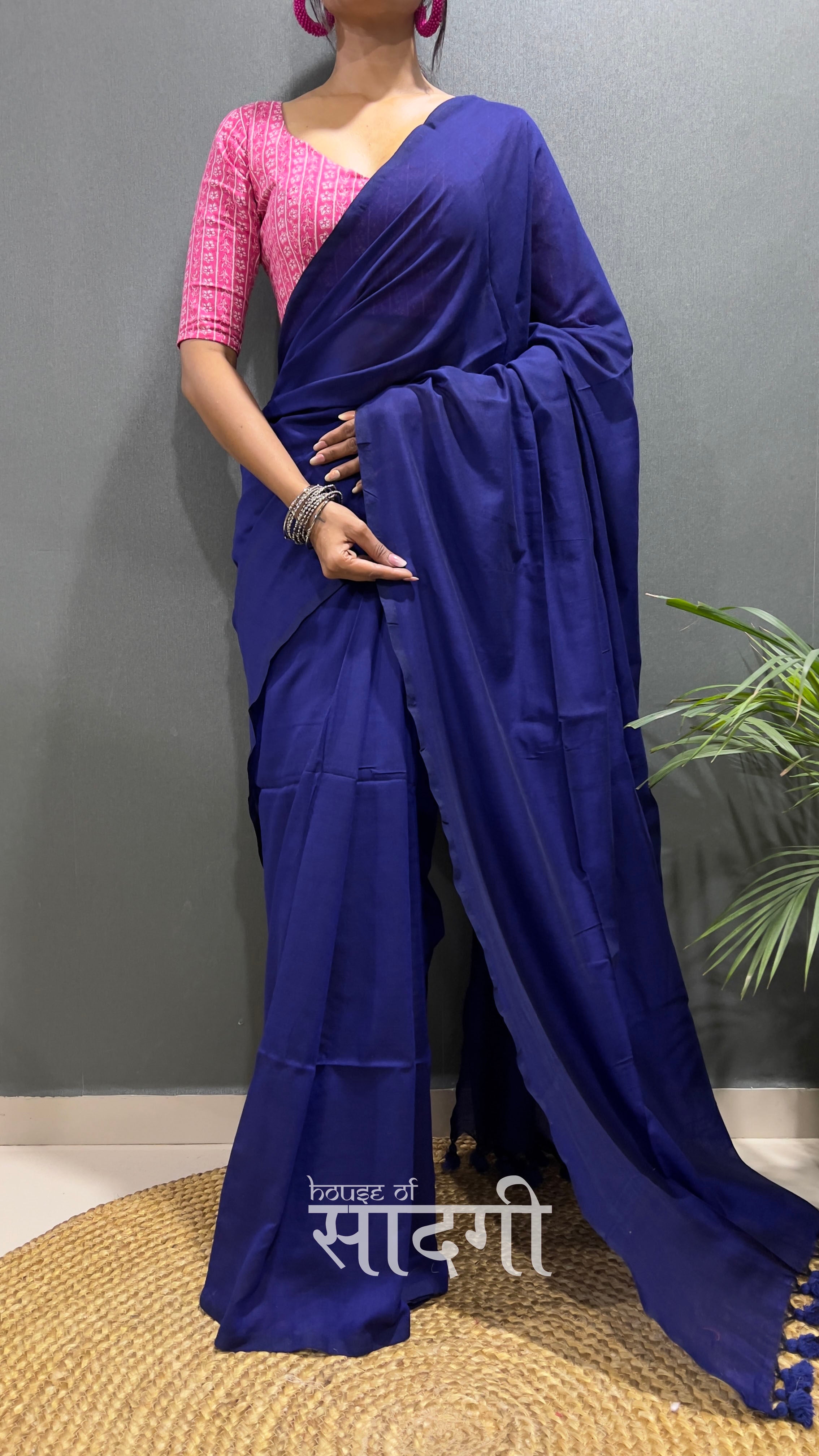 Royal Blue Handloom Cotton Saree With Pink Flower Printed Blouse