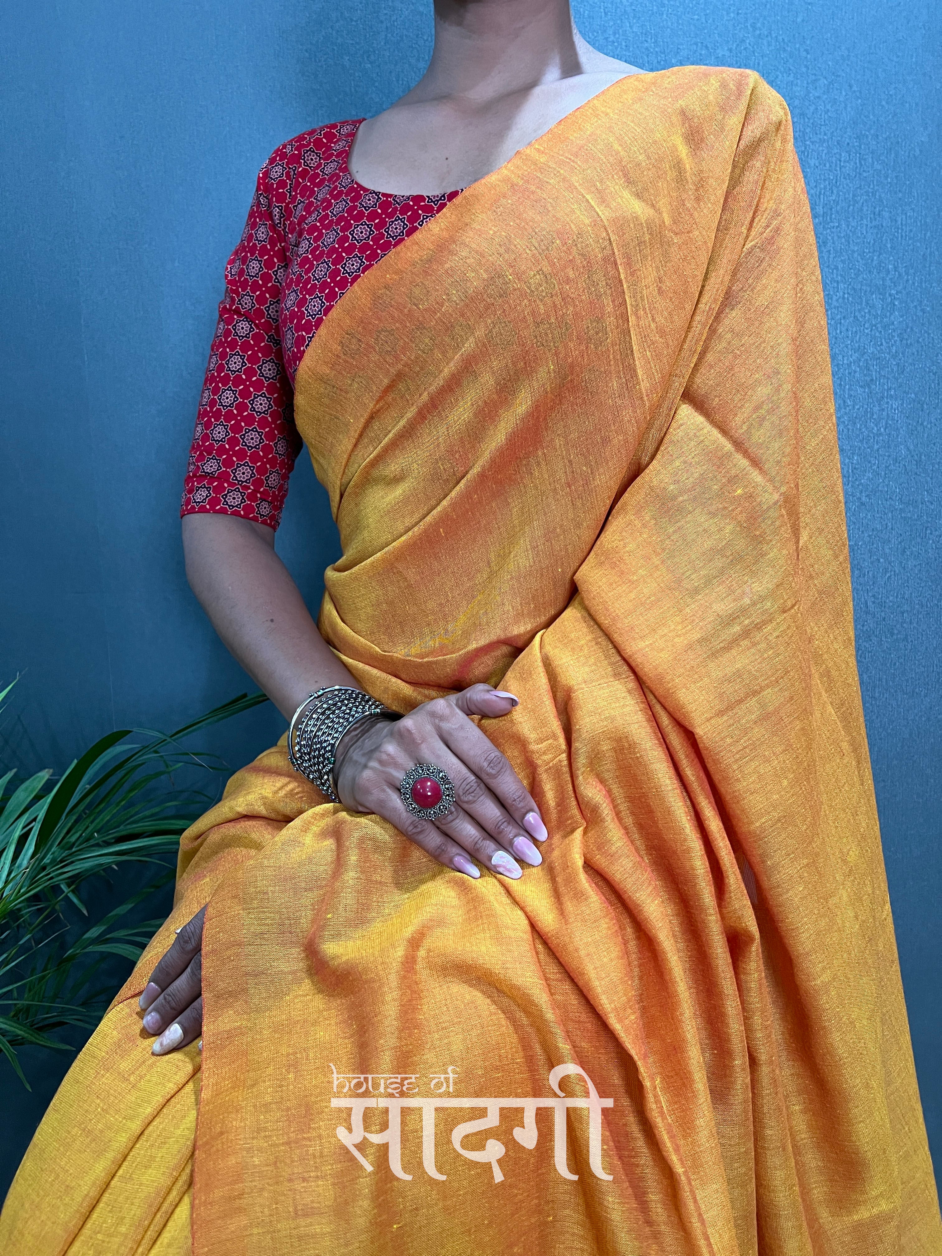 Mustard Handloom Cotton Saree With Red Printed Blouse