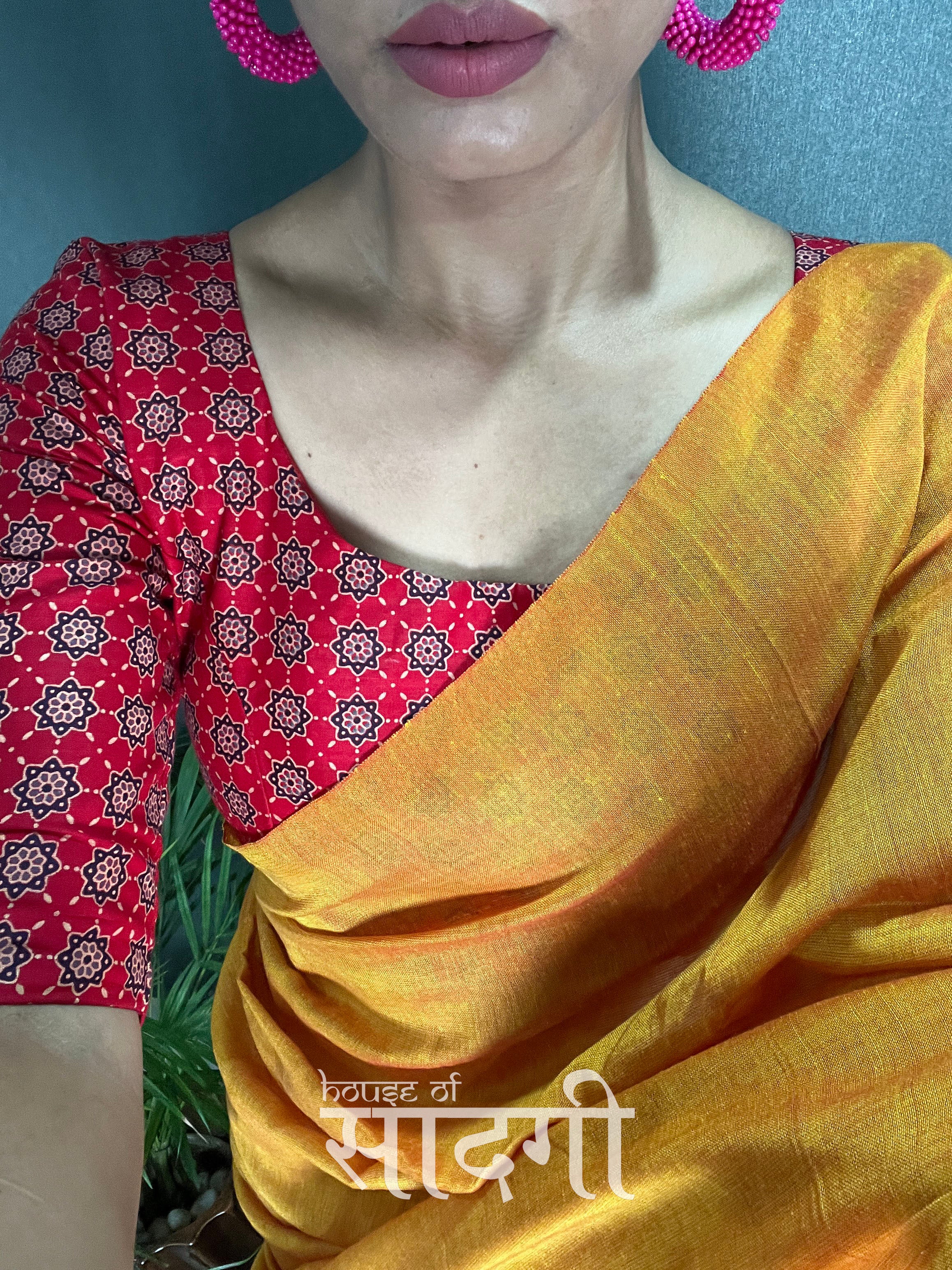 Mustard Handloom Cotton Saree With Red Printed Blouse