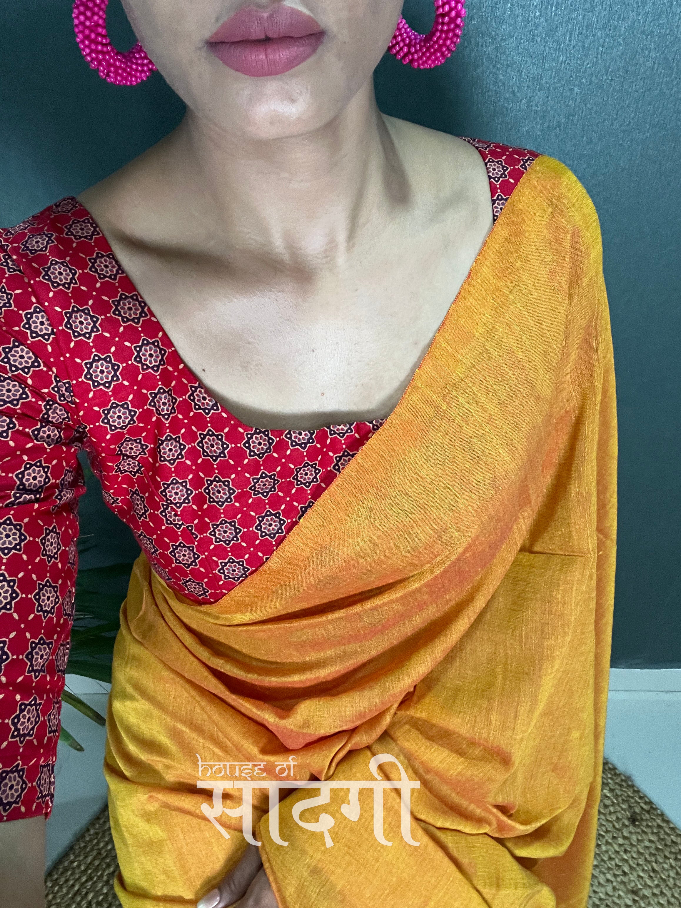 Mustard Handloom Cotton Saree With Red Printed Blouse