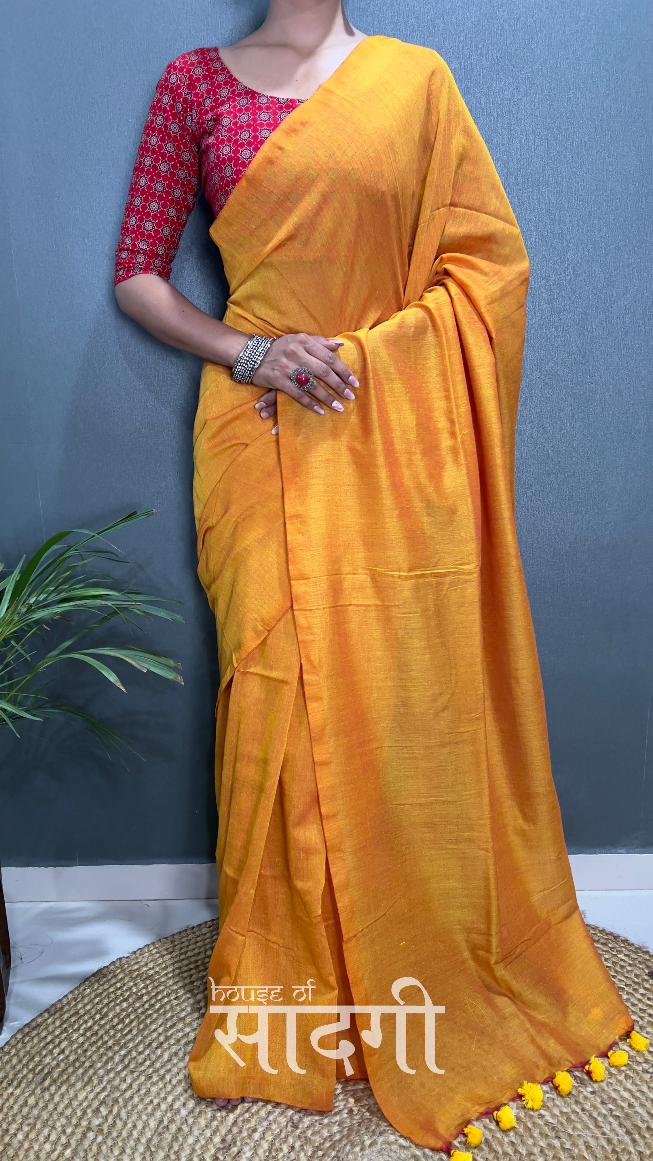 Mustard Handloom Cotton Saree With Red Printed Blouse