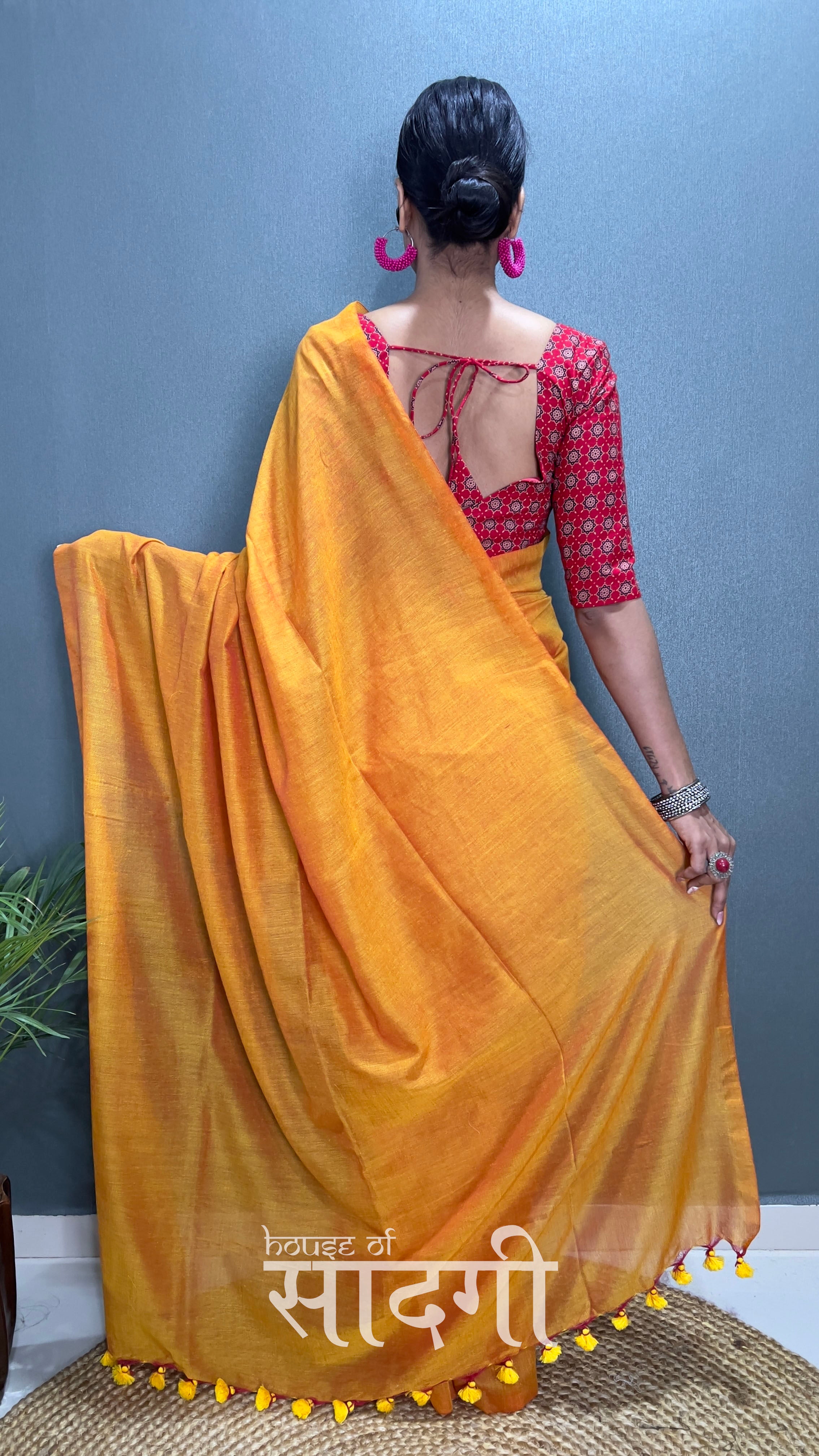 Mustard Handloom Cotton Saree With Red Printed Blouse