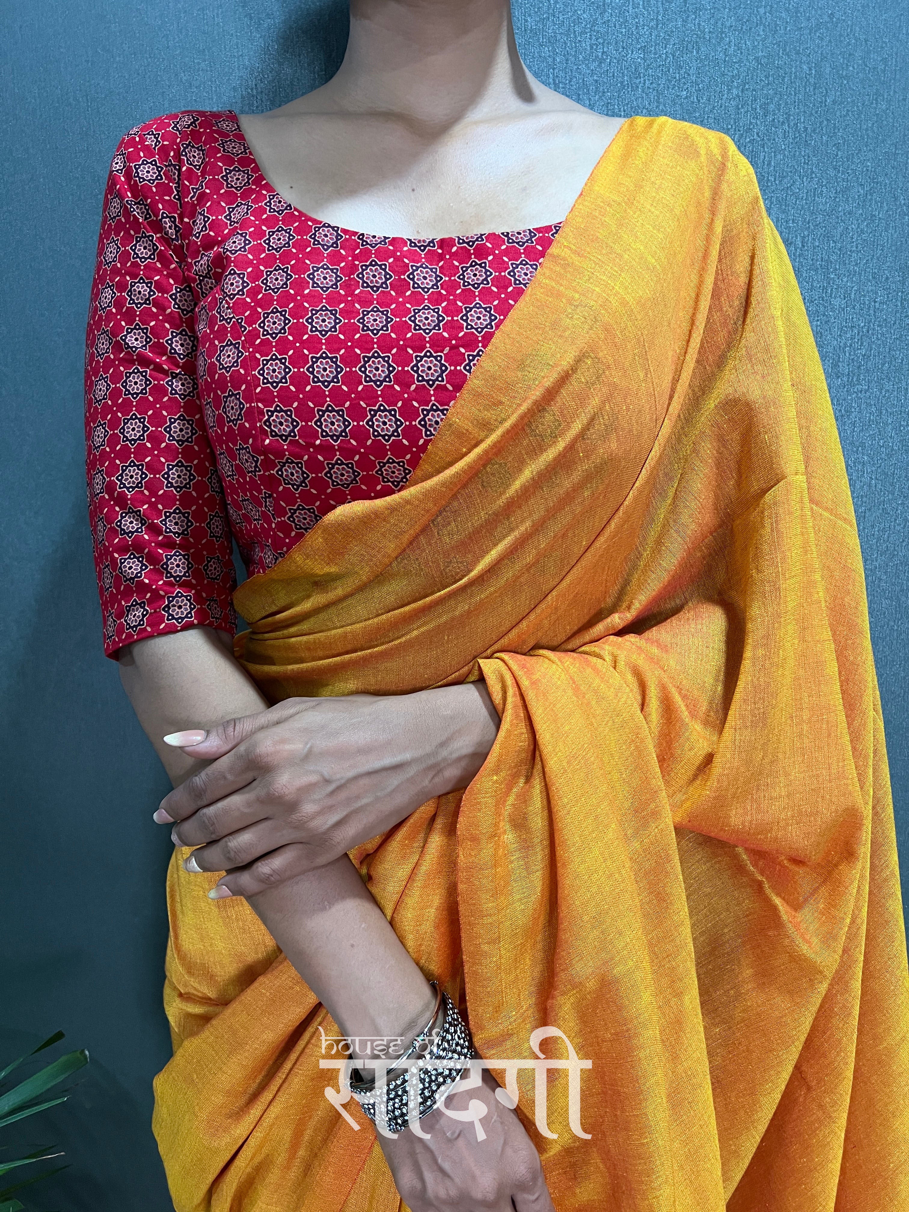 Mustard Handloom Cotton Saree With Red Printed Blouse