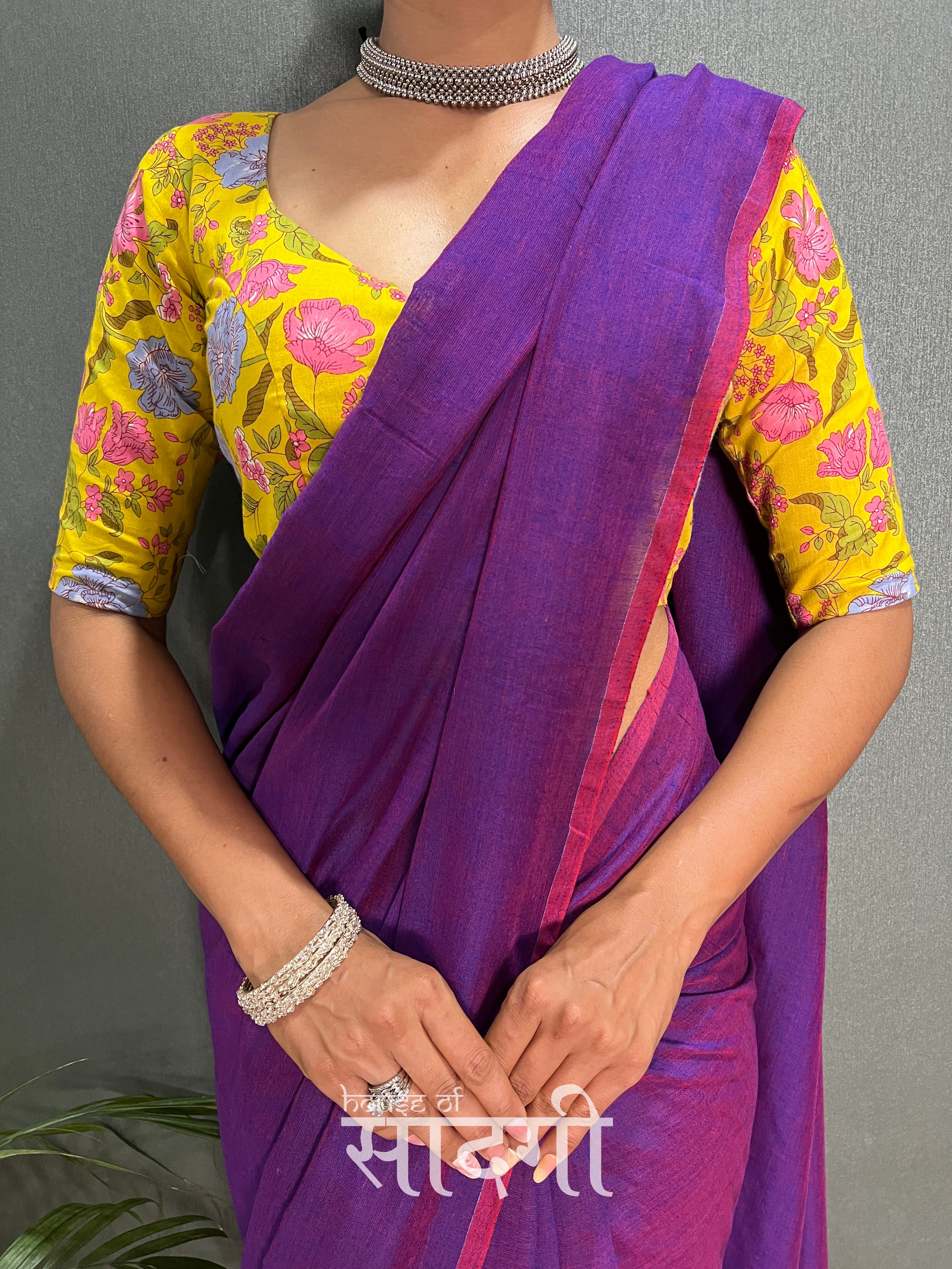 Purple Dual Tone Handloom Cotton Saree With Yellow Printed Blouse