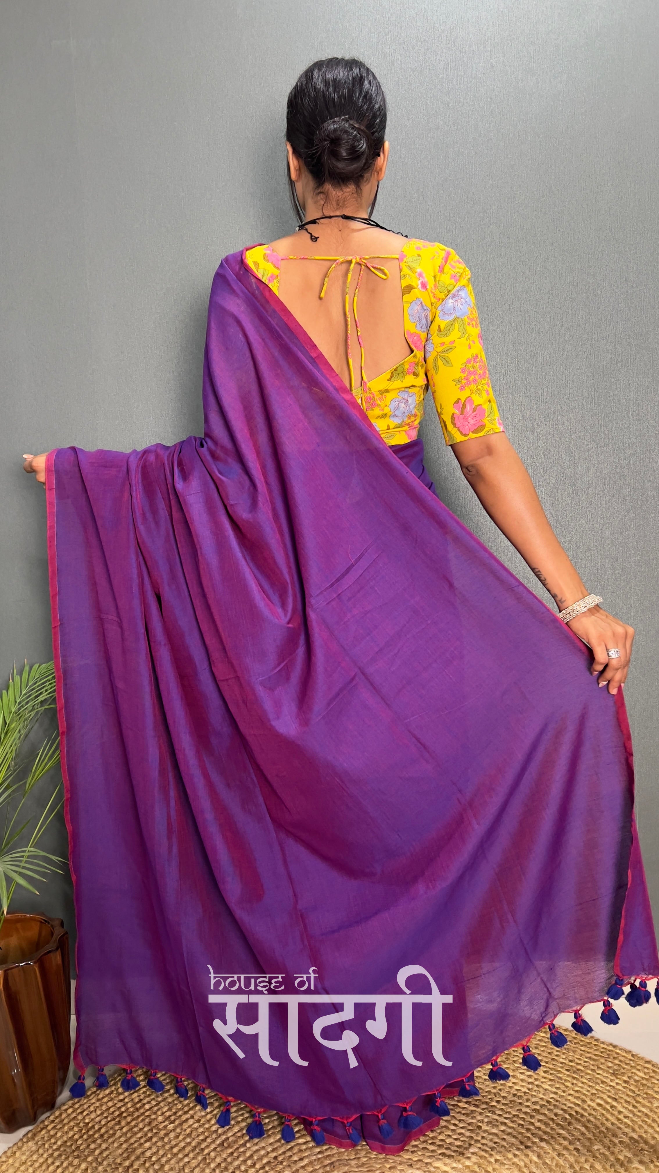 Purple Dual Tone Handloom Cotton Saree With Yellow Printed Blouse