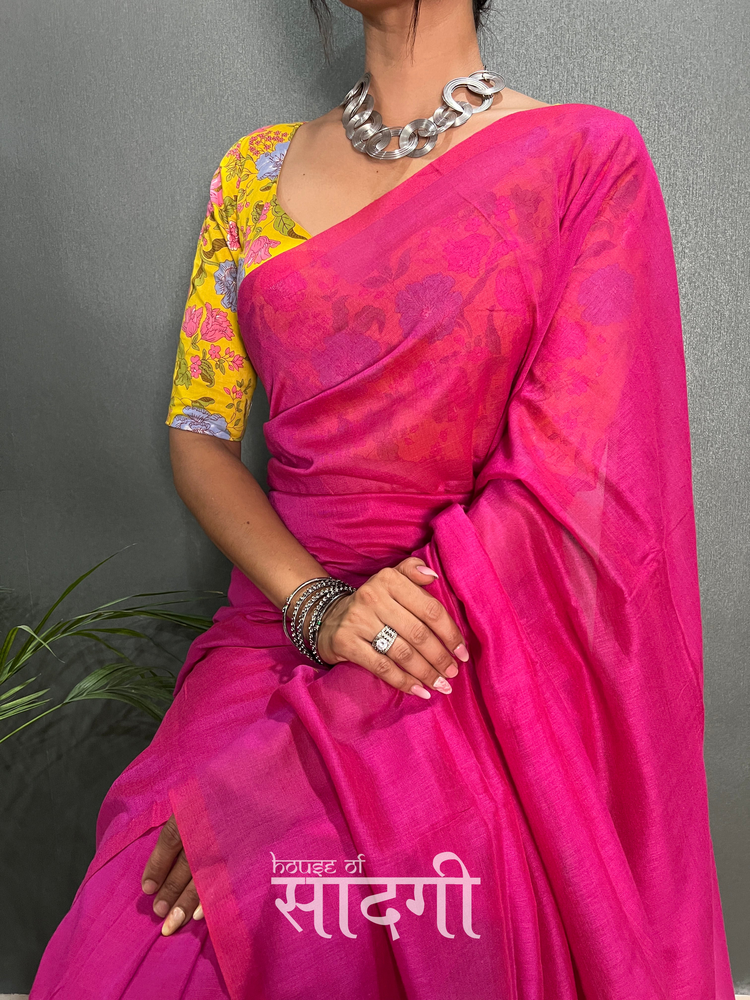 Pink Handloom Cotton Saree With Yellow Flower Printed Blouse