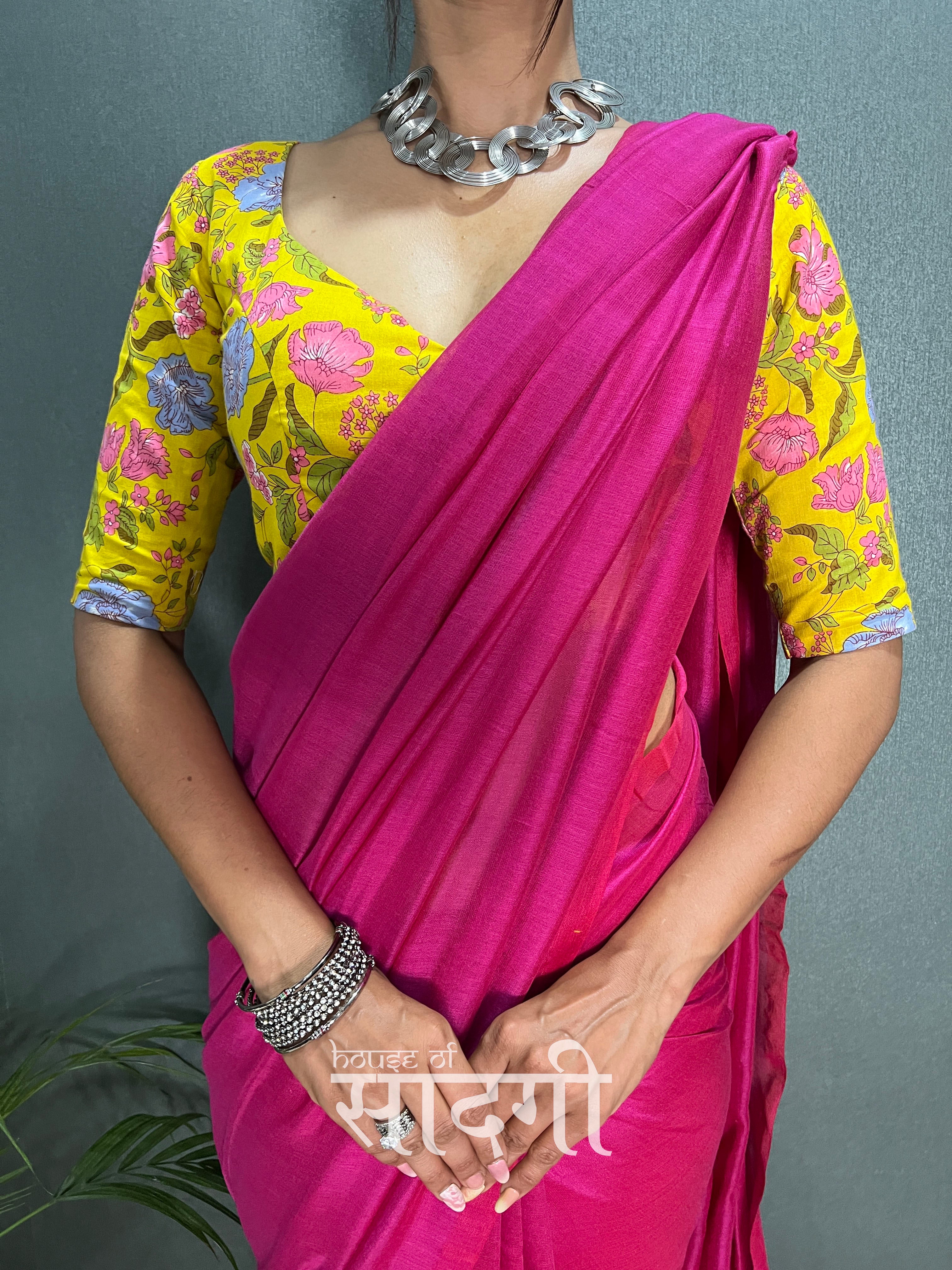 Pink Handloom Cotton Saree With Yellow Flower Printed Blouse