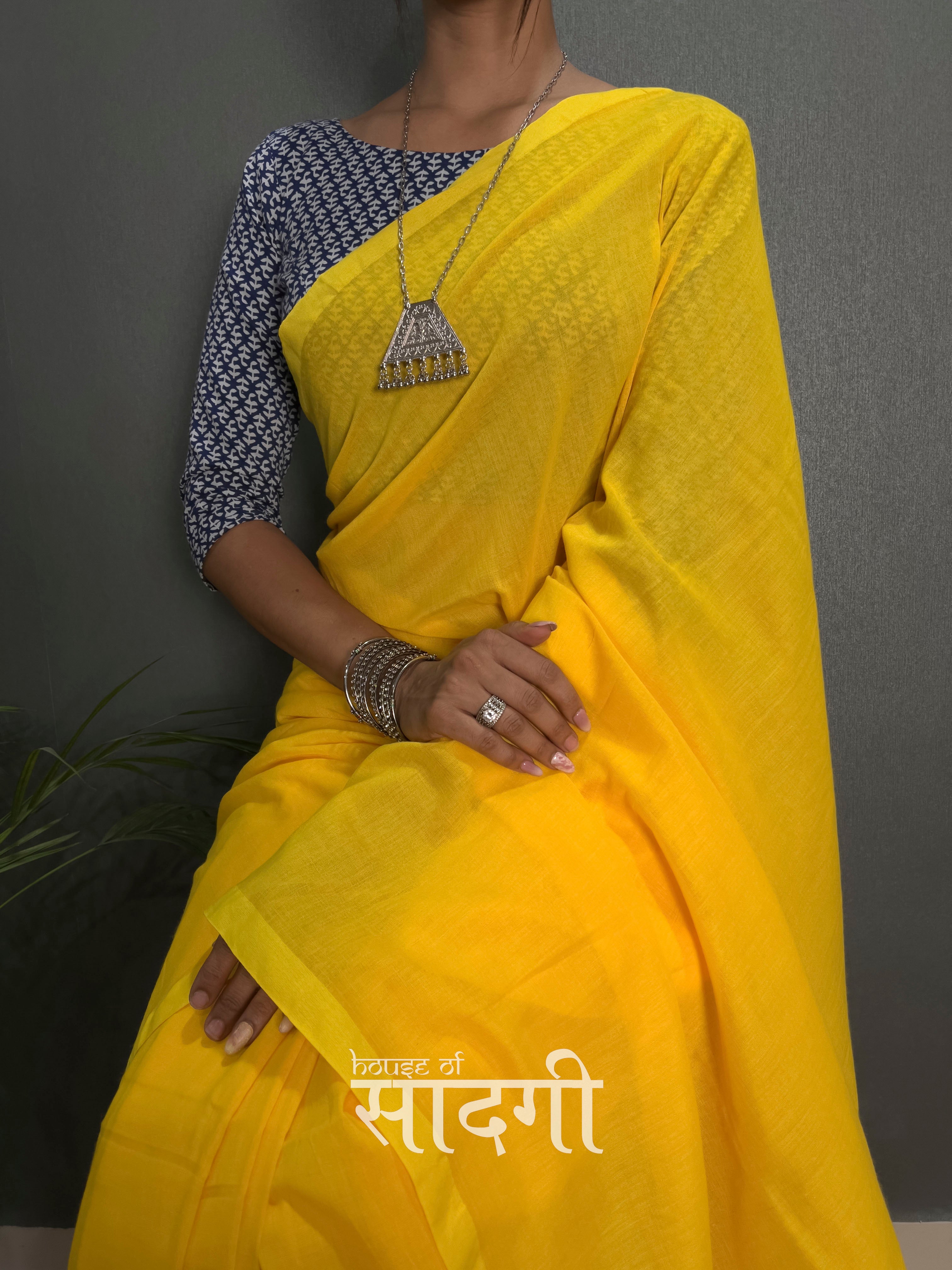 Yellow Handloom Cotton Saree With Blue Printed Blouse