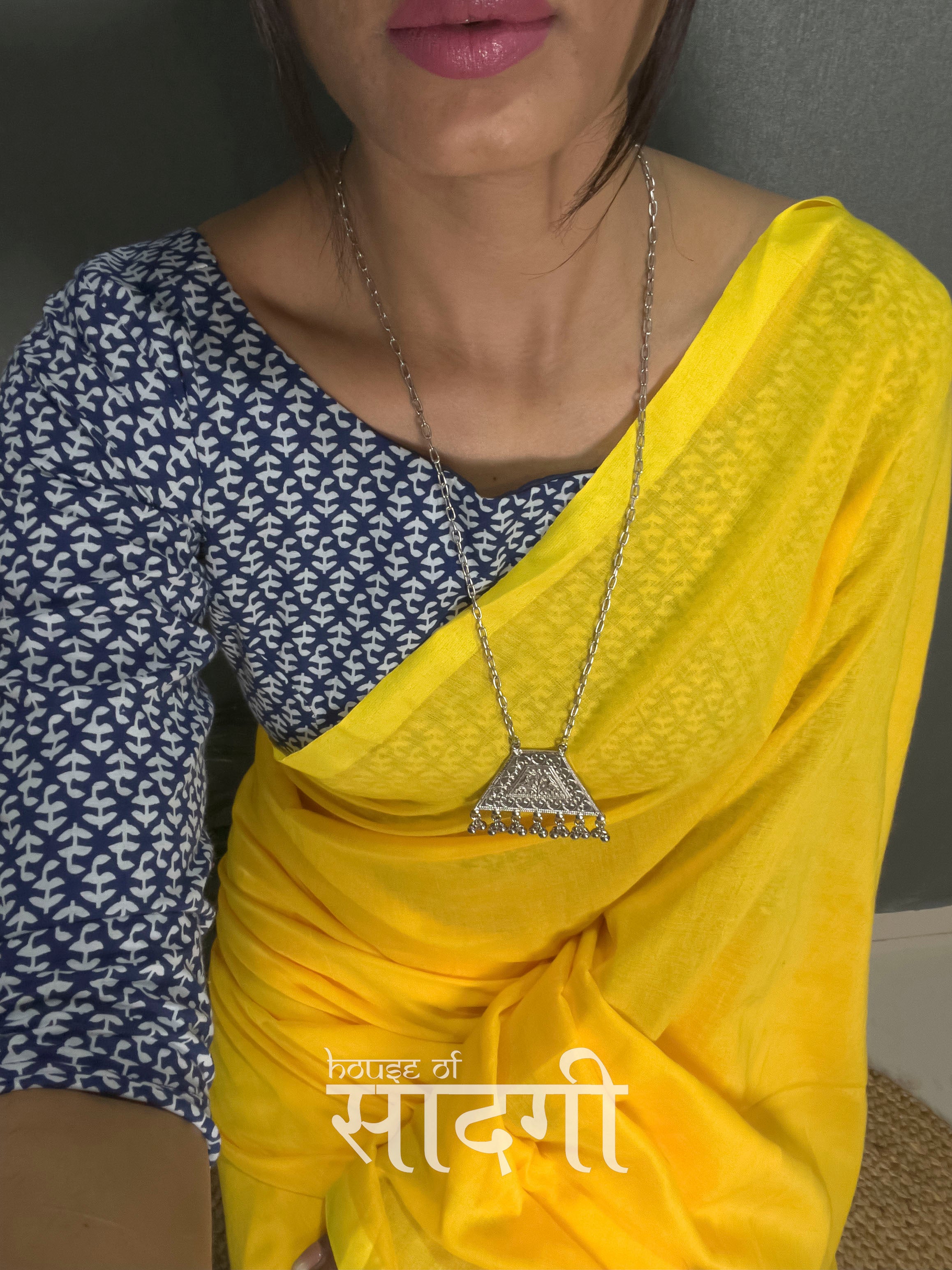 Yellow Handloom Cotton Saree With Blue Printed Blouse