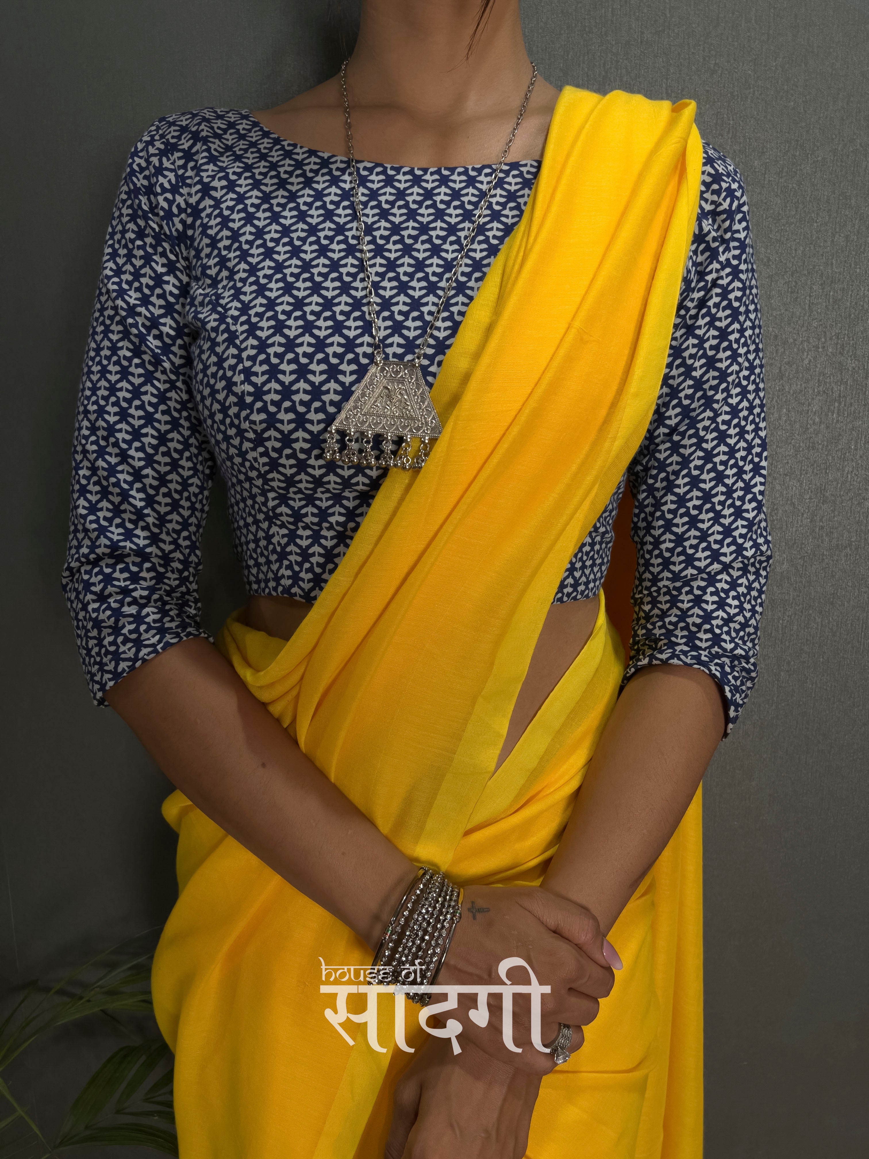 Yellow Handloom Cotton Saree With Blue Printed Blouse