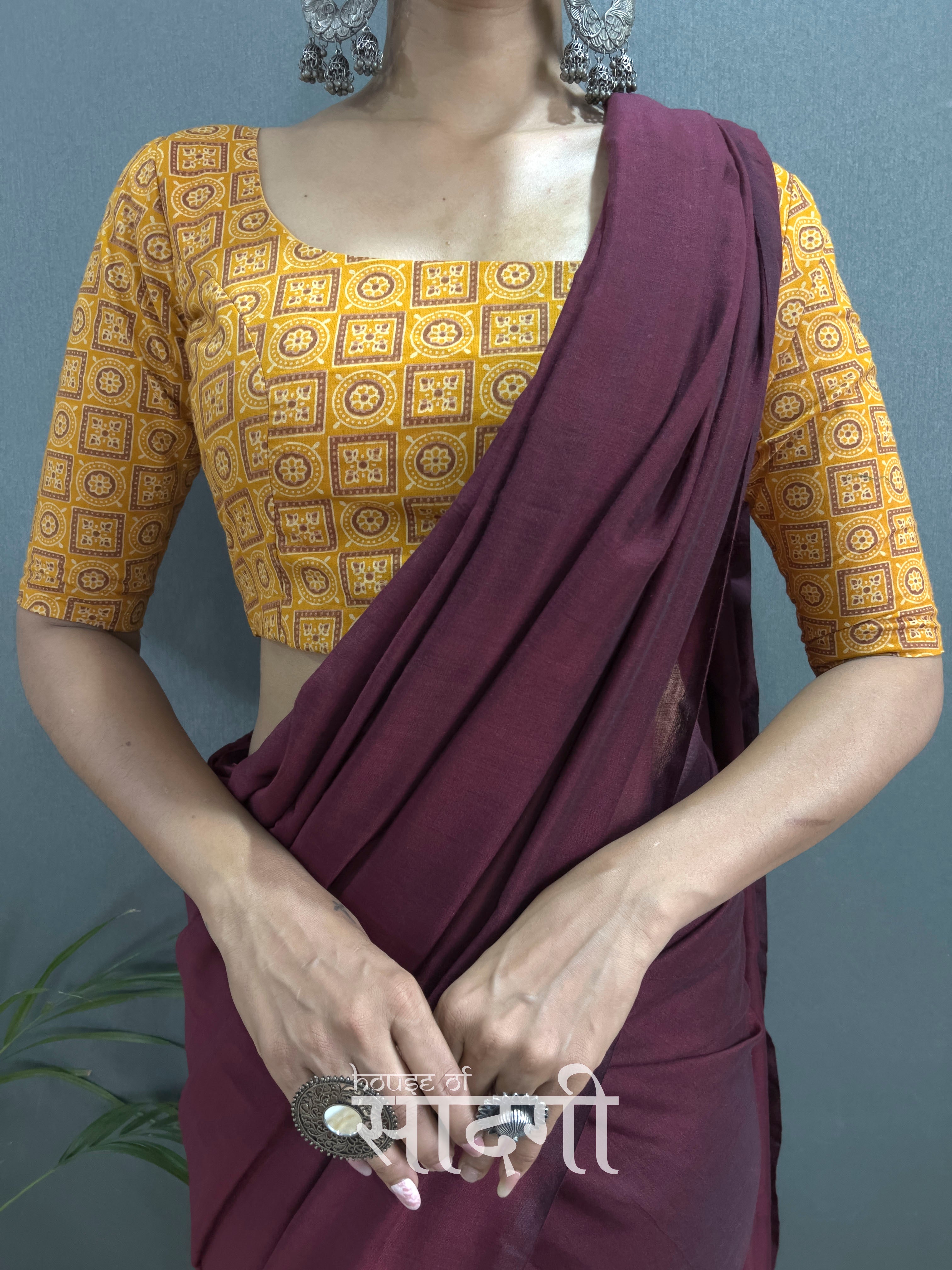 Dark Marun Handloom Cotton Saree With Yellow Printed Blouse