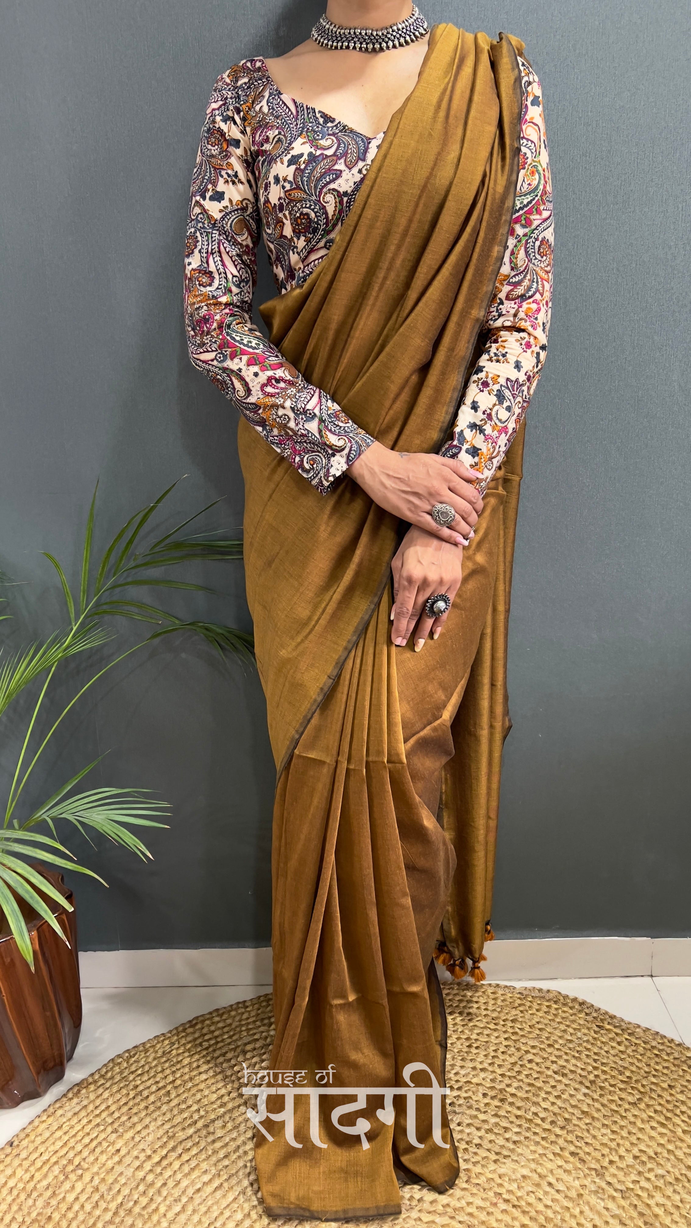 Golden Handloom Cotton Saree With Mango Printed Blouse