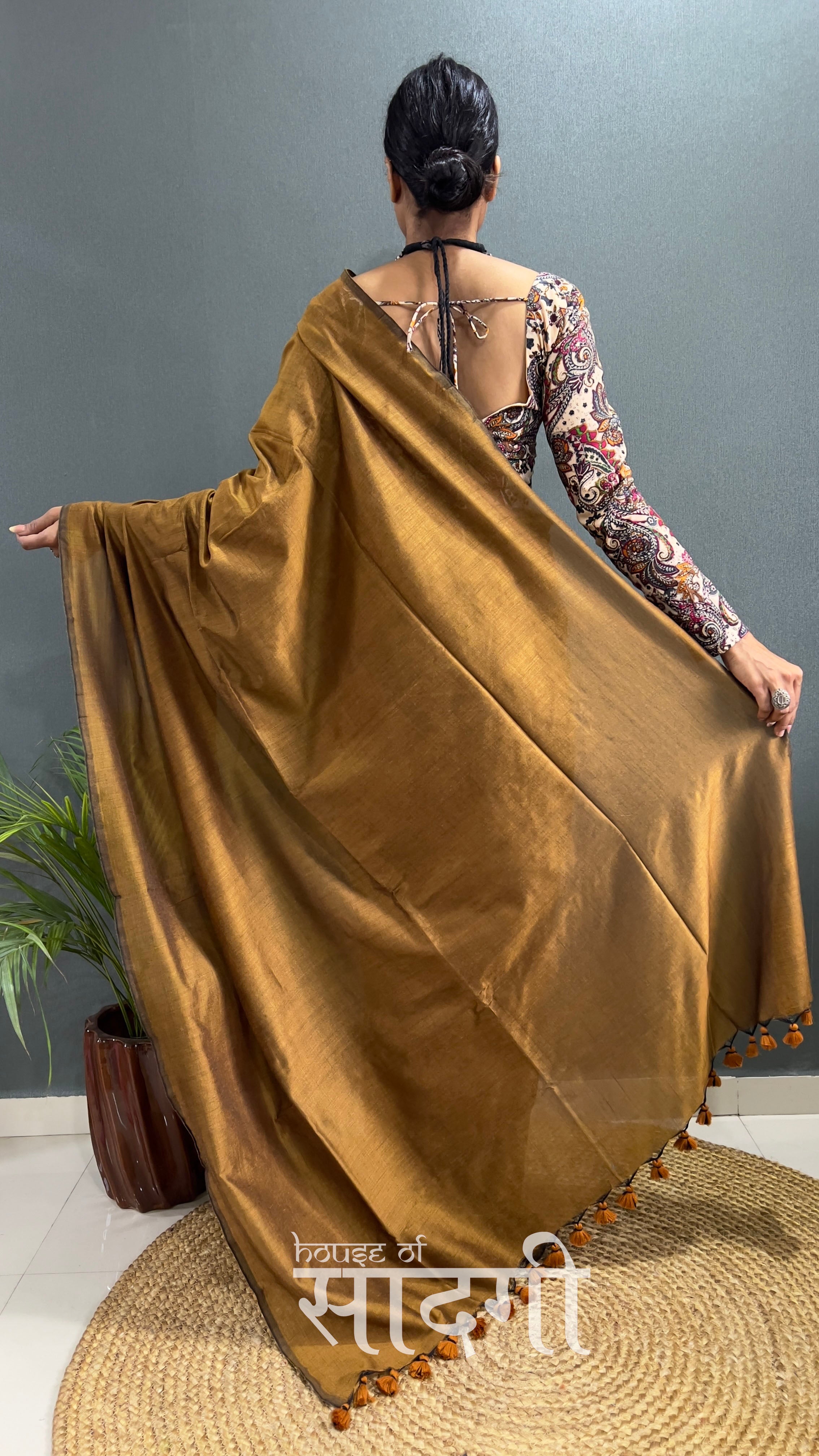 Golden Handloom Cotton Saree With Mango Printed Blouse