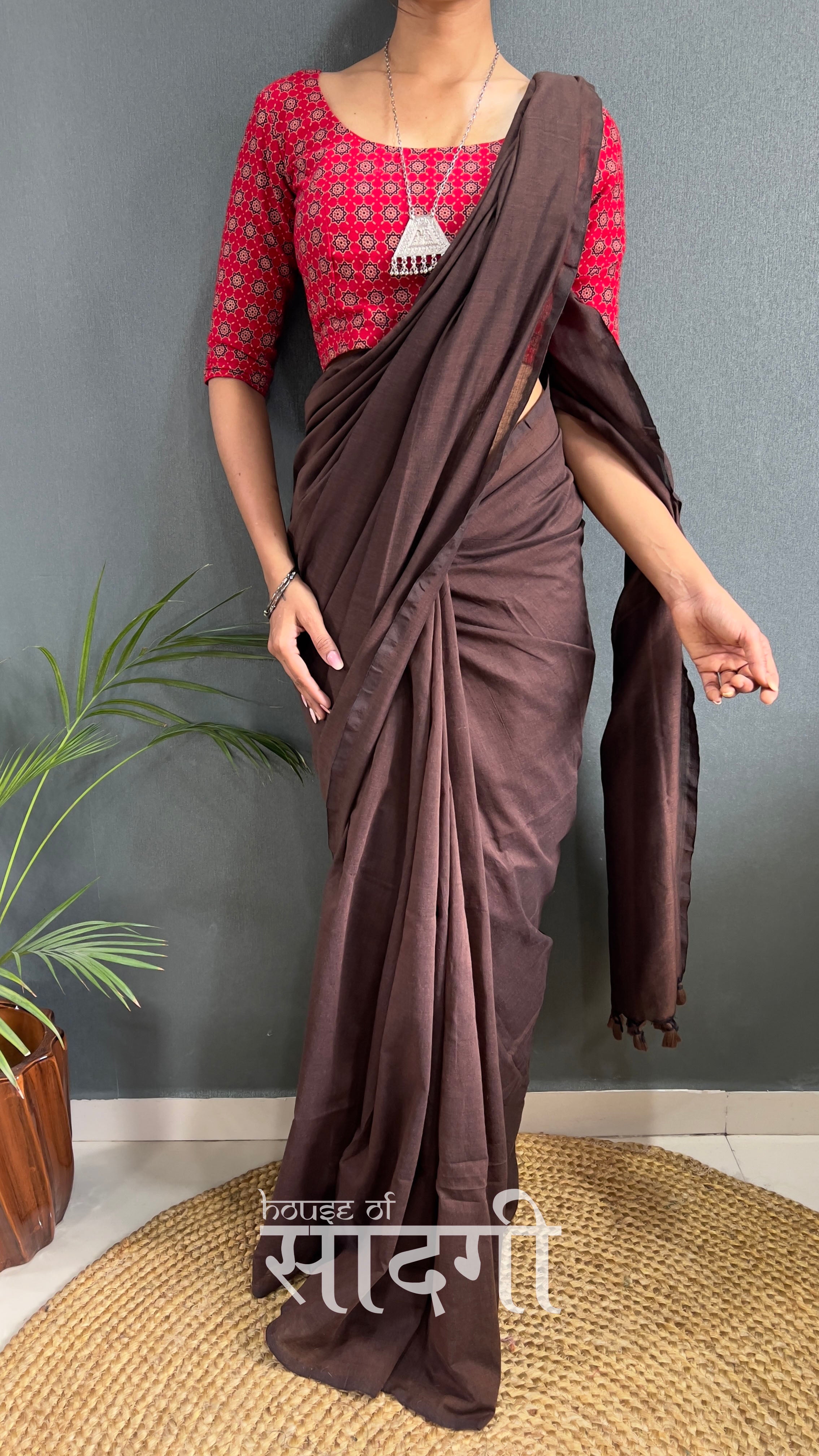 Brown Handloom Cotton Saree With Red Printed Blouse