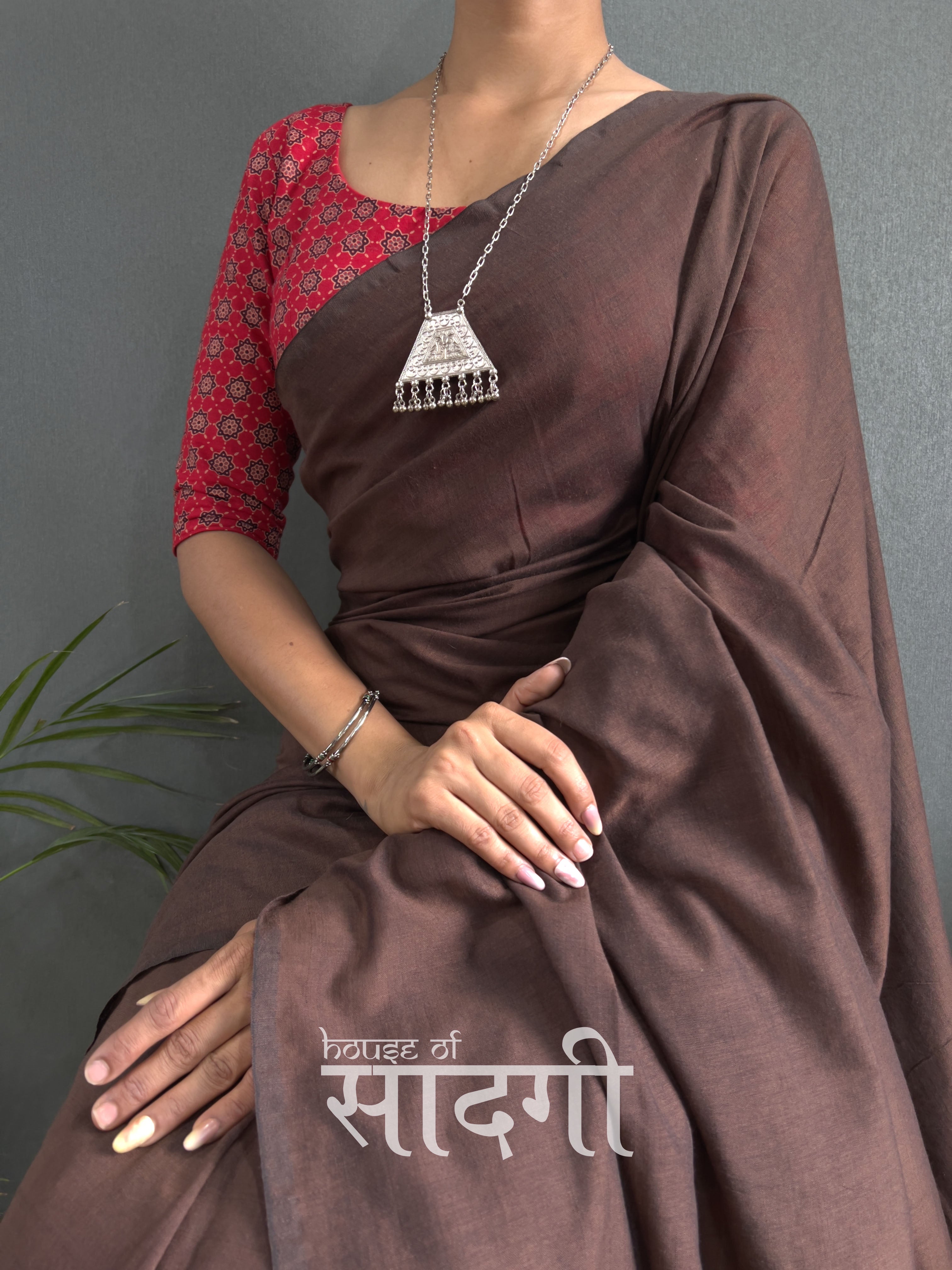 Brown Handloom Cotton Saree With Red Printed Blouse