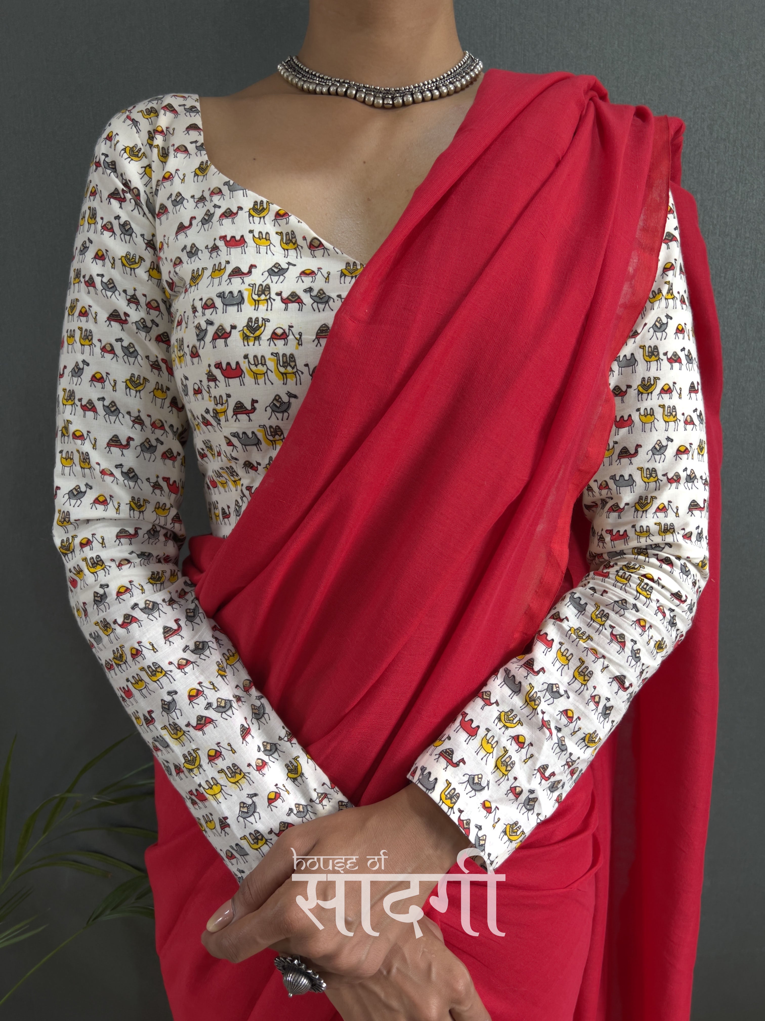 Red Handloom Cotton Saree With White camel Printed Blouse