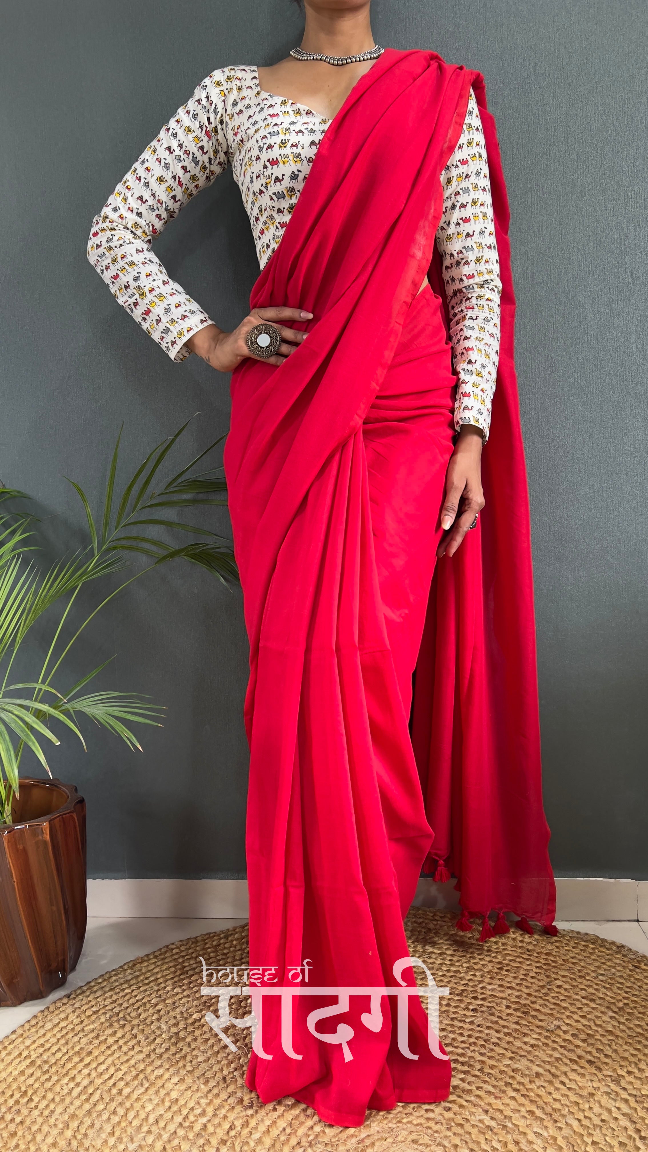 Red Handloom Cotton Saree With White camel Printed Blouse