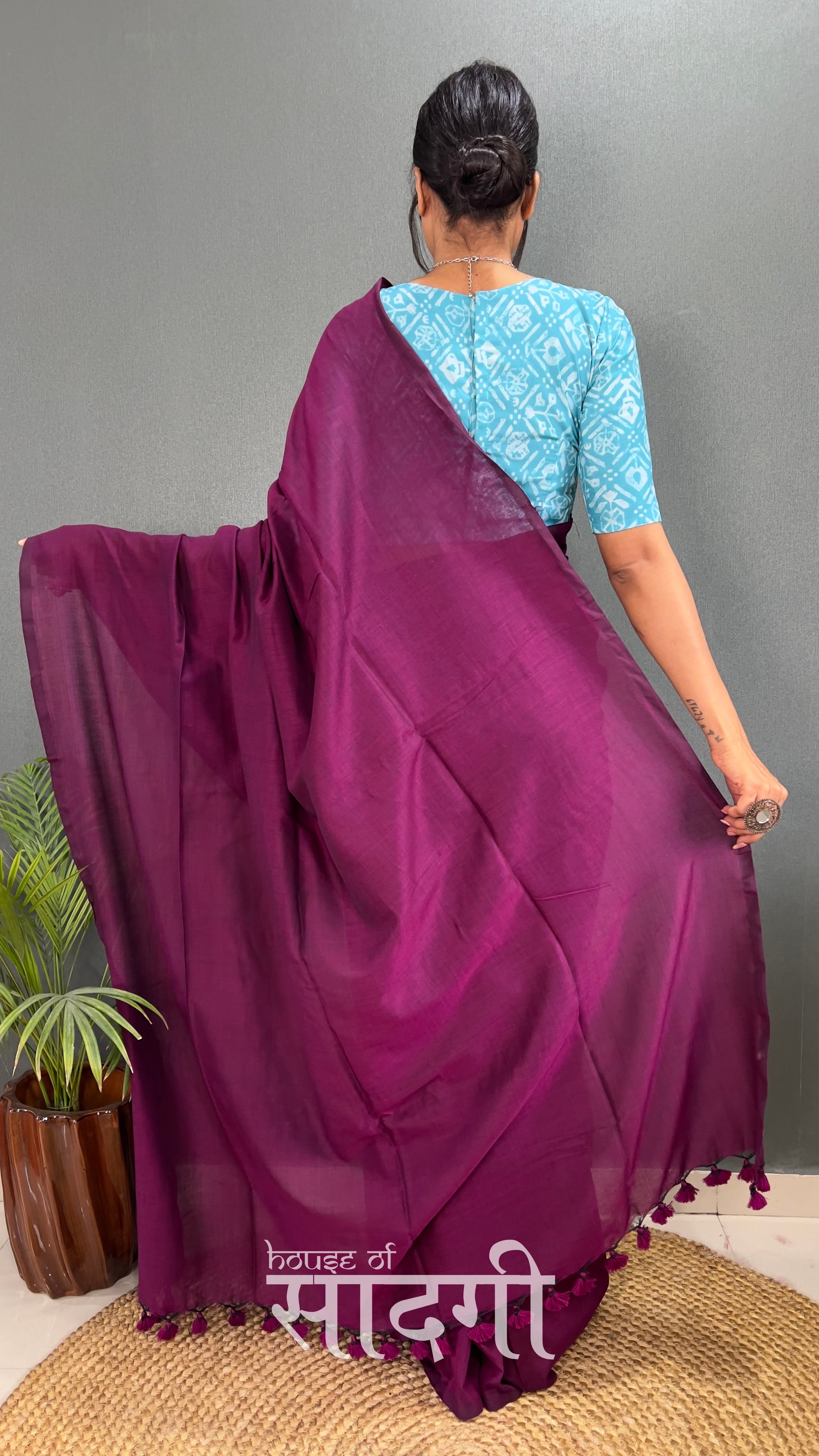 Magenta Handloom Cotton Saree With Sky Printed Blouse