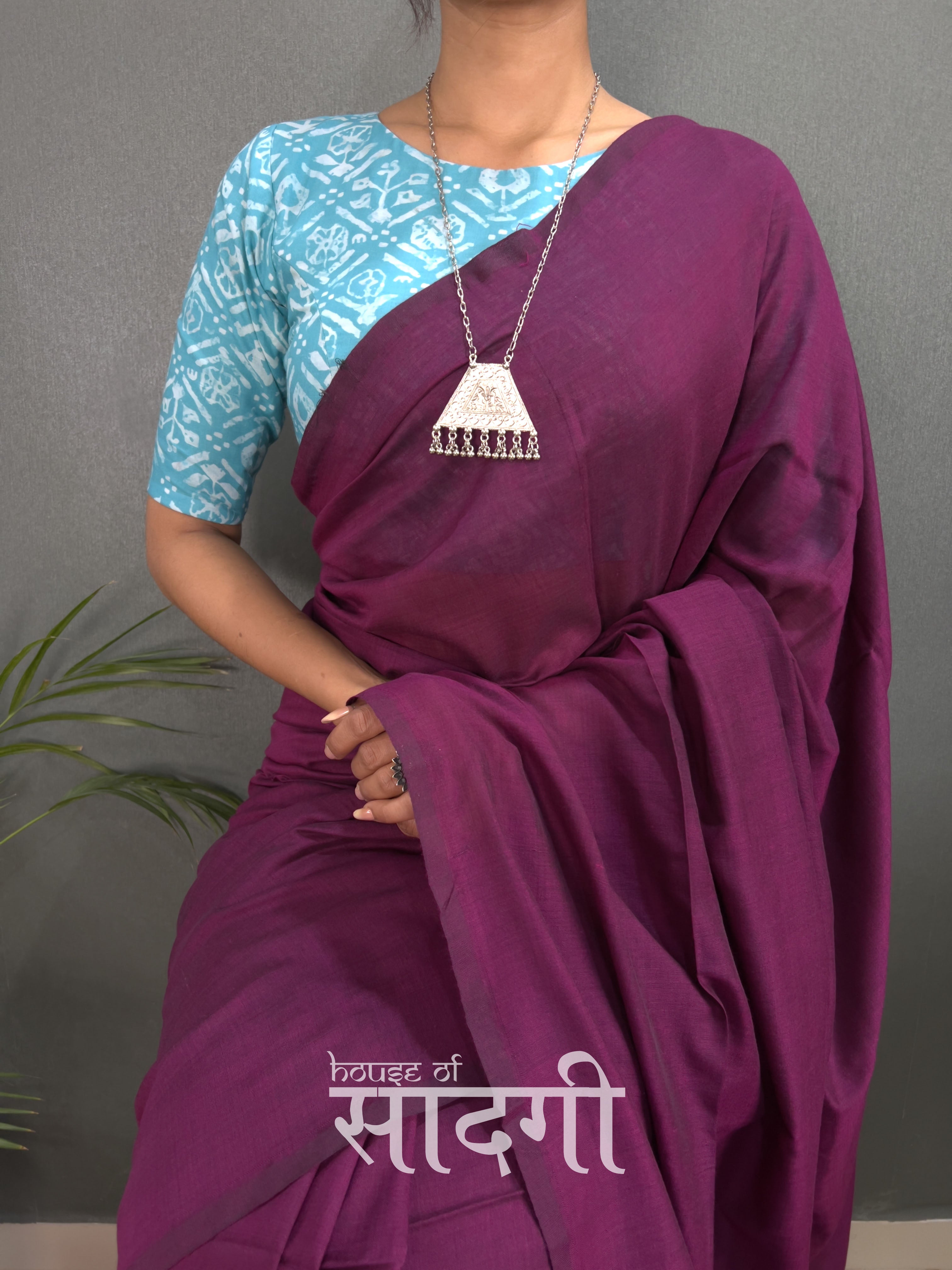 Magenta Handloom Cotton Saree With Sky Printed Blouse