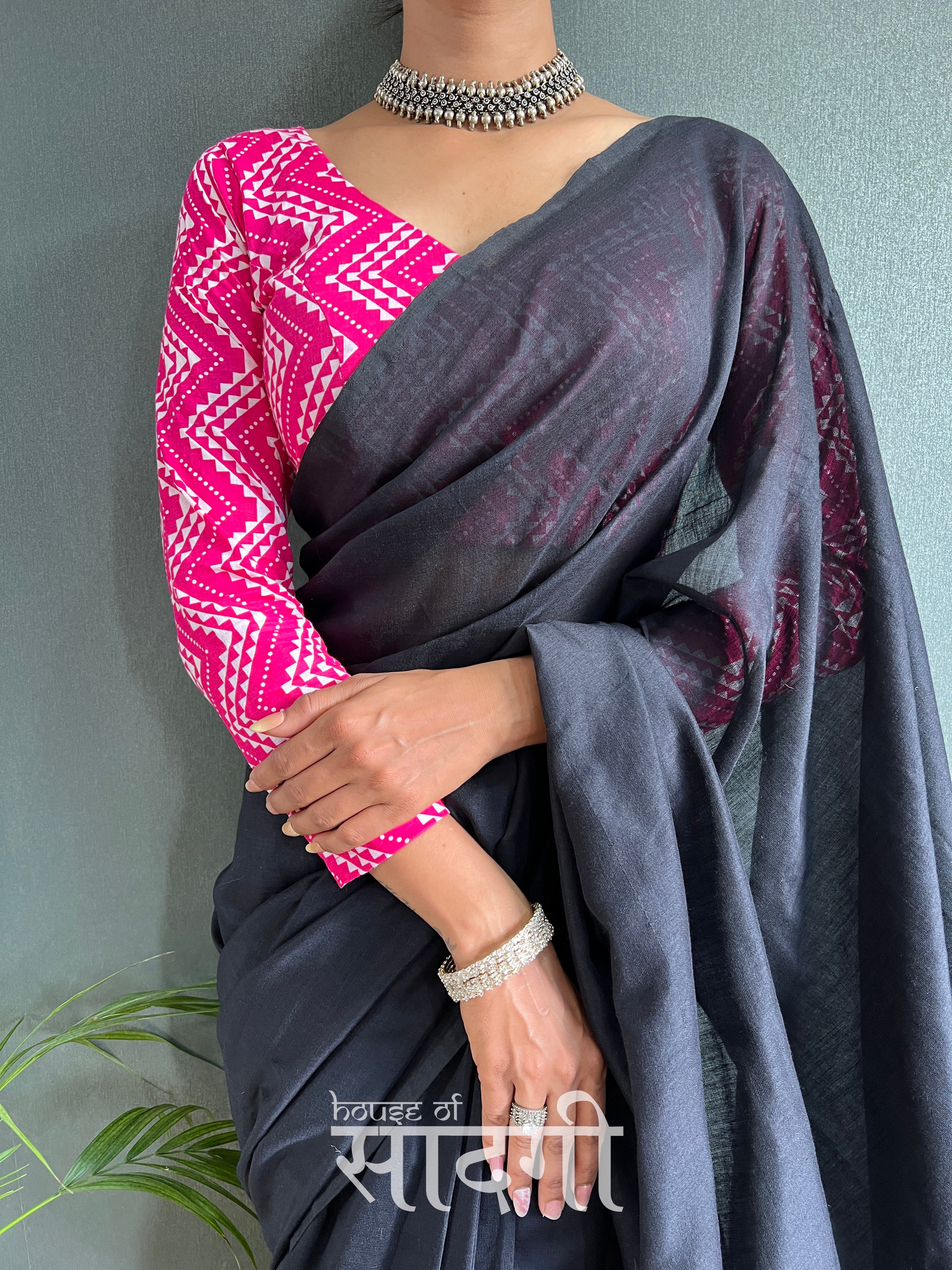 Black  Handloom Cotton Saree With Pink Zig Zag Printed Blouse