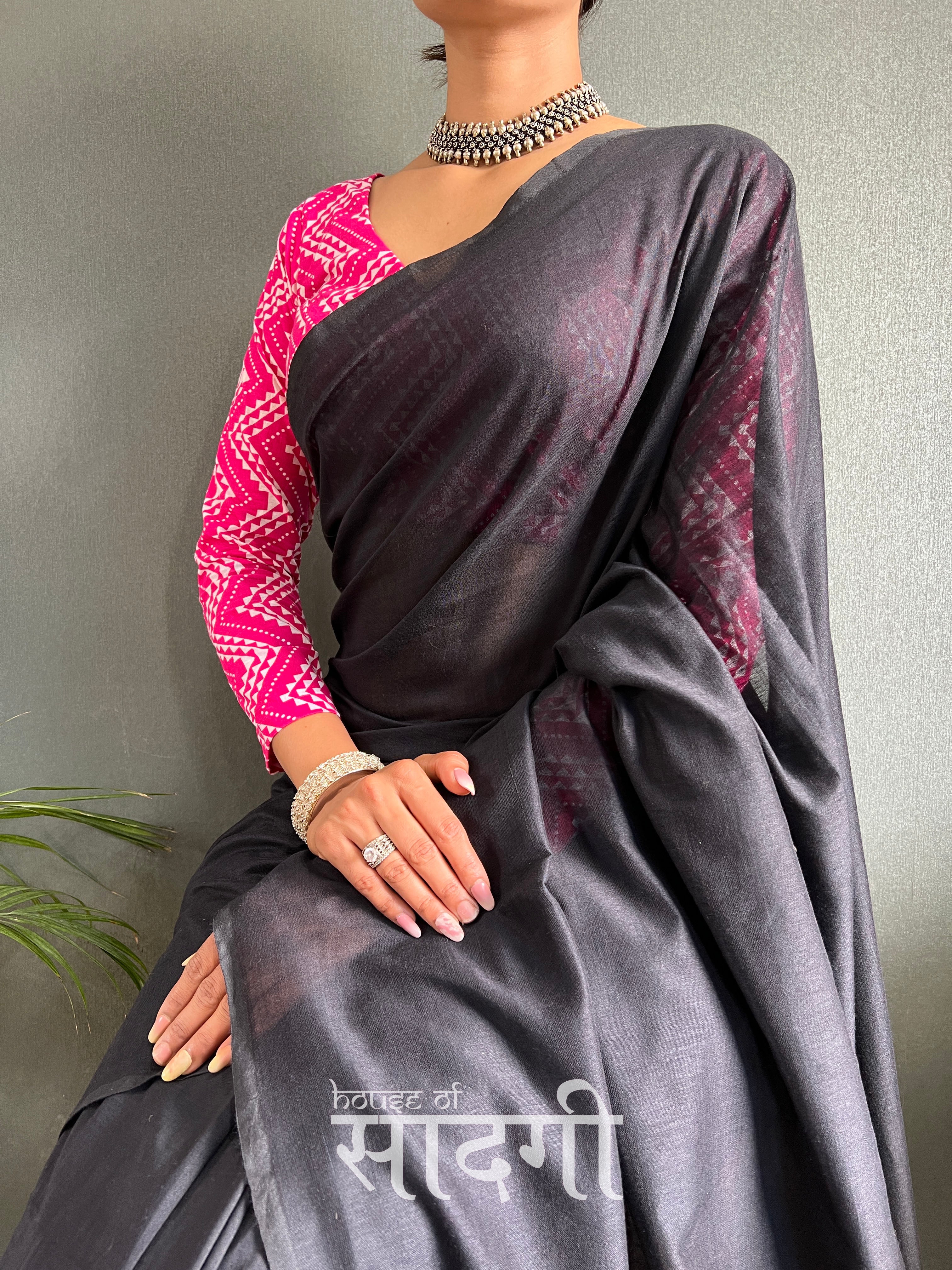 Black  Handloom Cotton Saree With Pink Zig Zag Printed Blouse