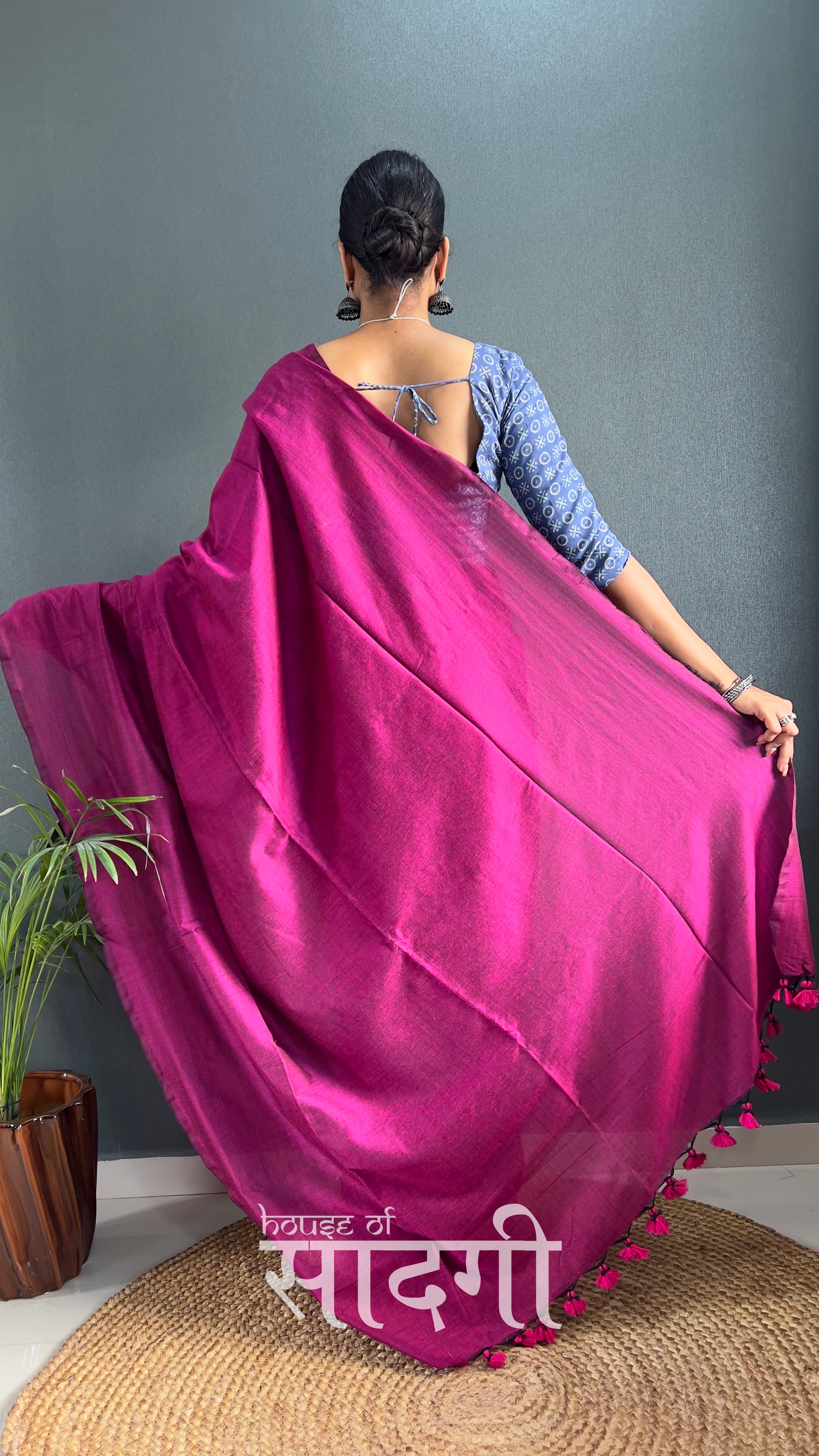 Light Wine Handloom Cotton Saree With Blue Printed Blouse